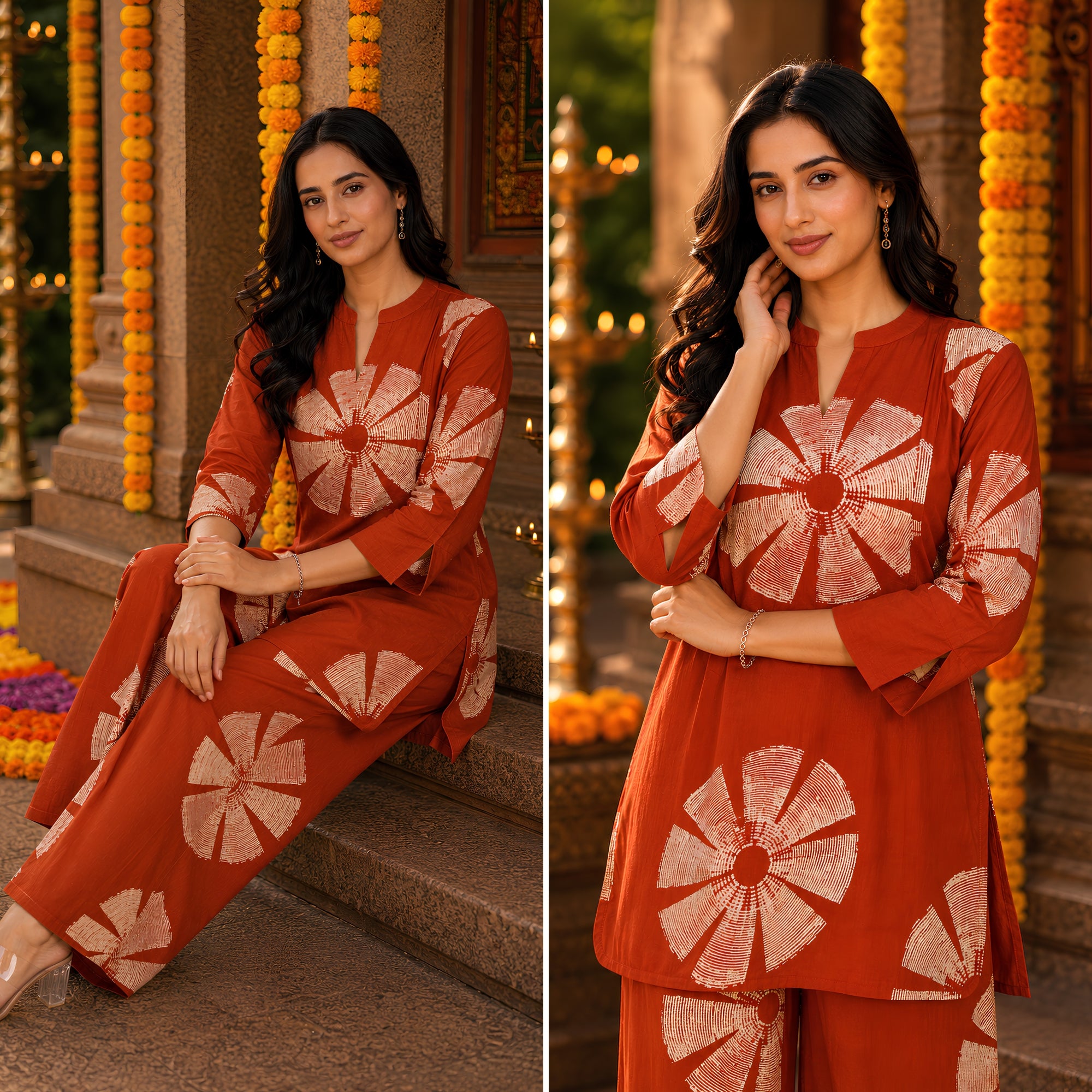 Azure Breeze Rust Printed Cotton Co-ords Set