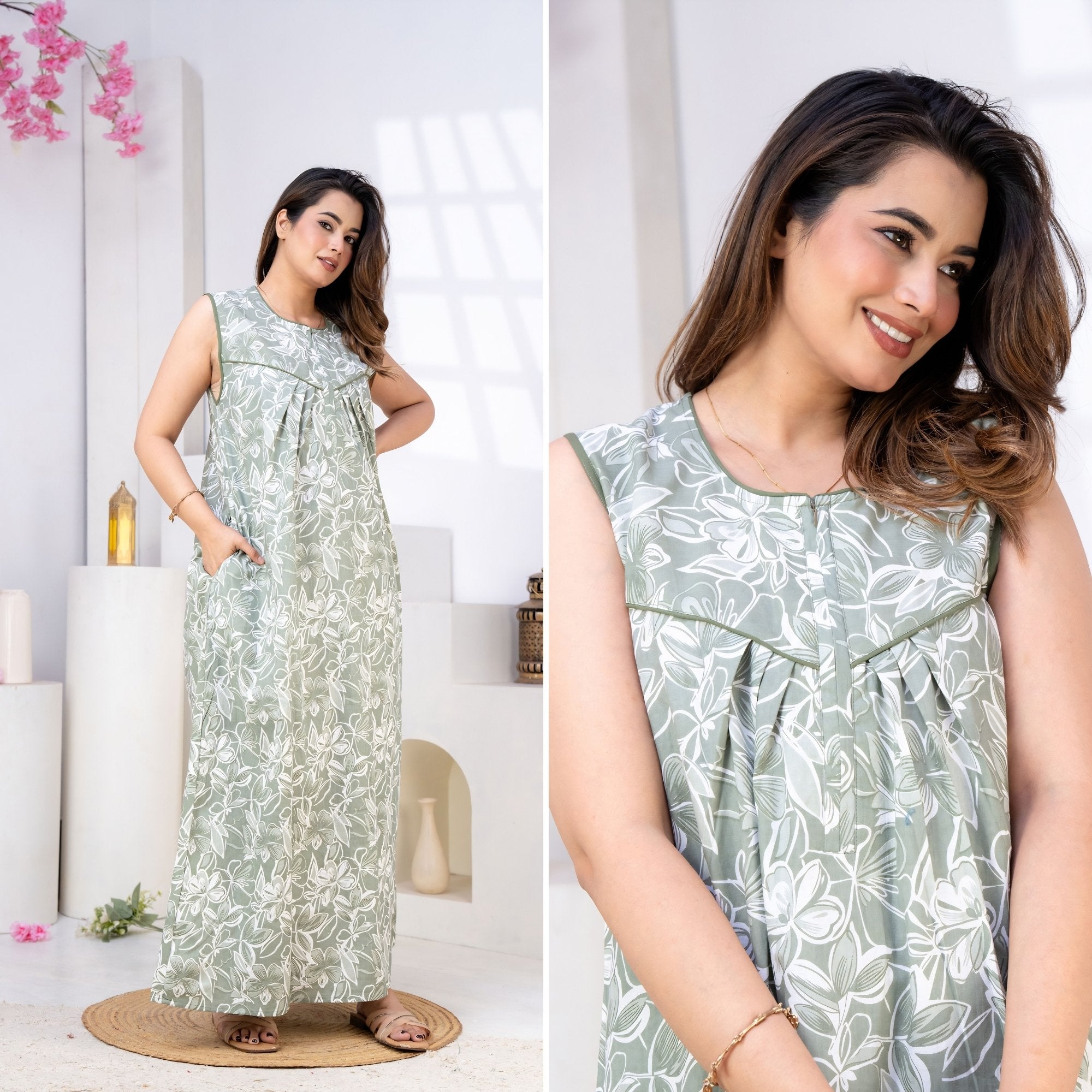 Serene Petals Sage Green Sleeveless Cotton Night Gown