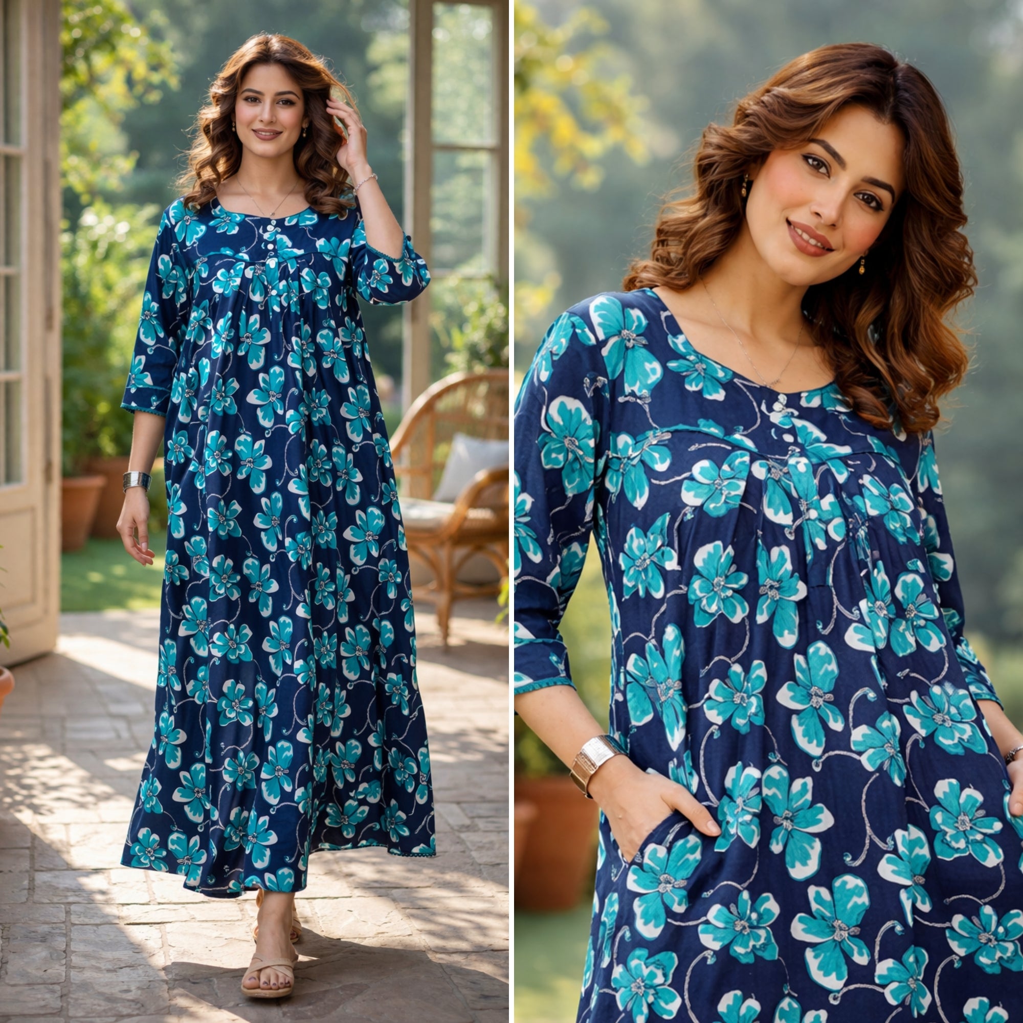 Ocean Bloom Blue Floral Cotton Night Gown