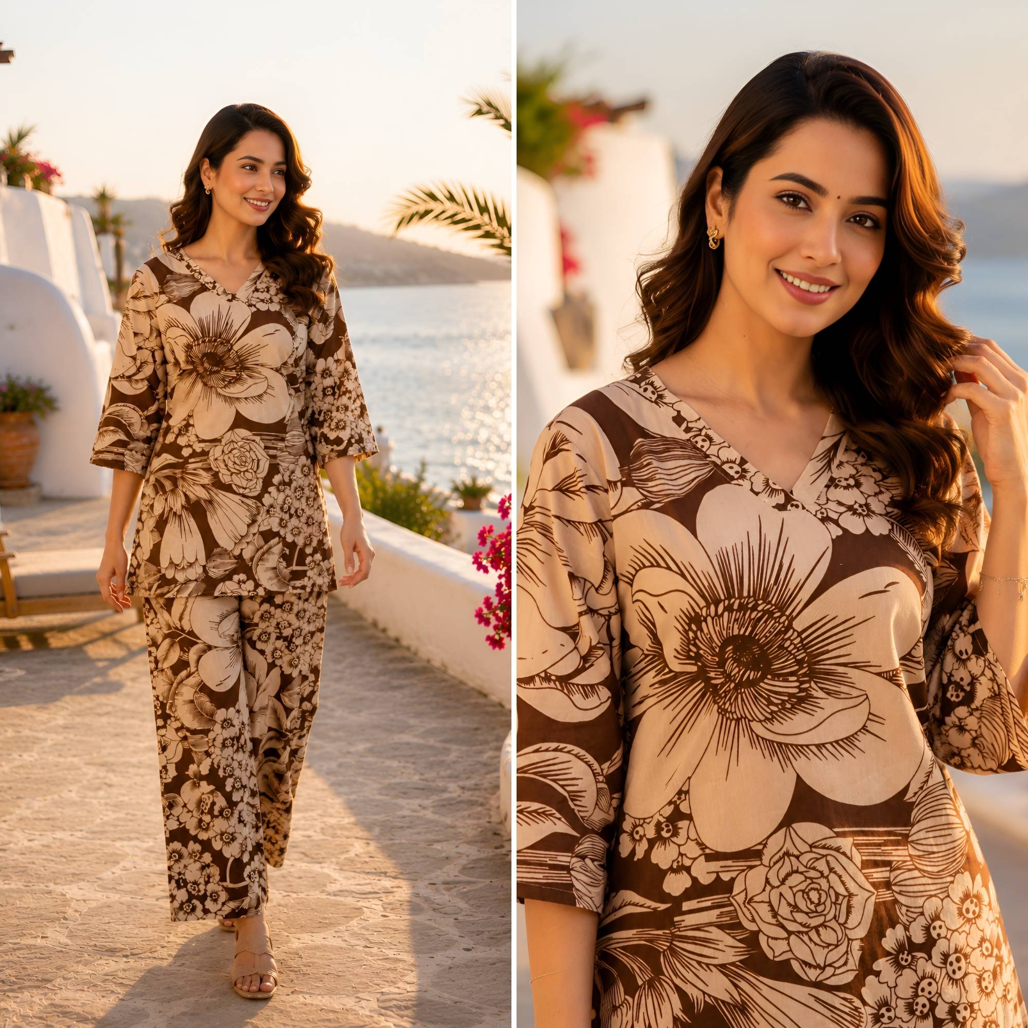 Earthy Blossom Brown Cotton Co-ords Set