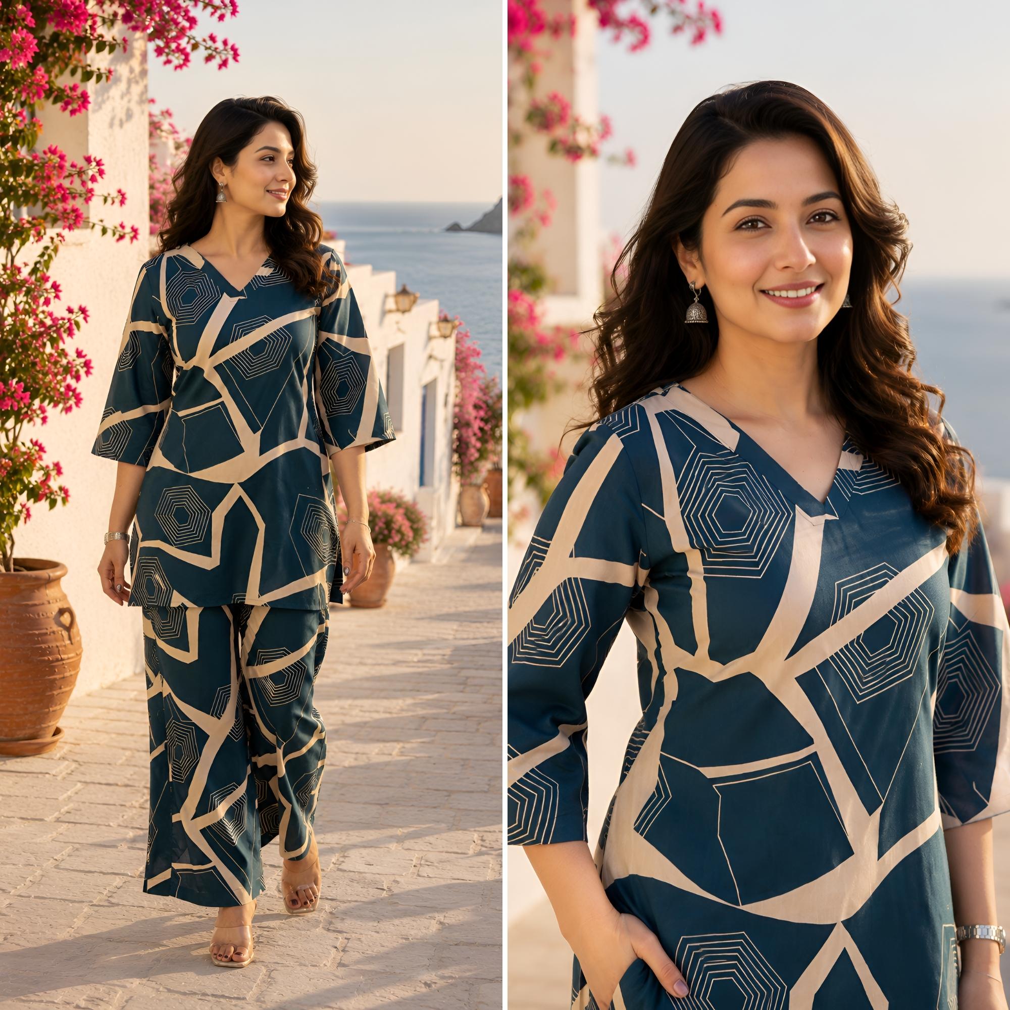 Coastal Geometry Teal Cotton Co-ords Set