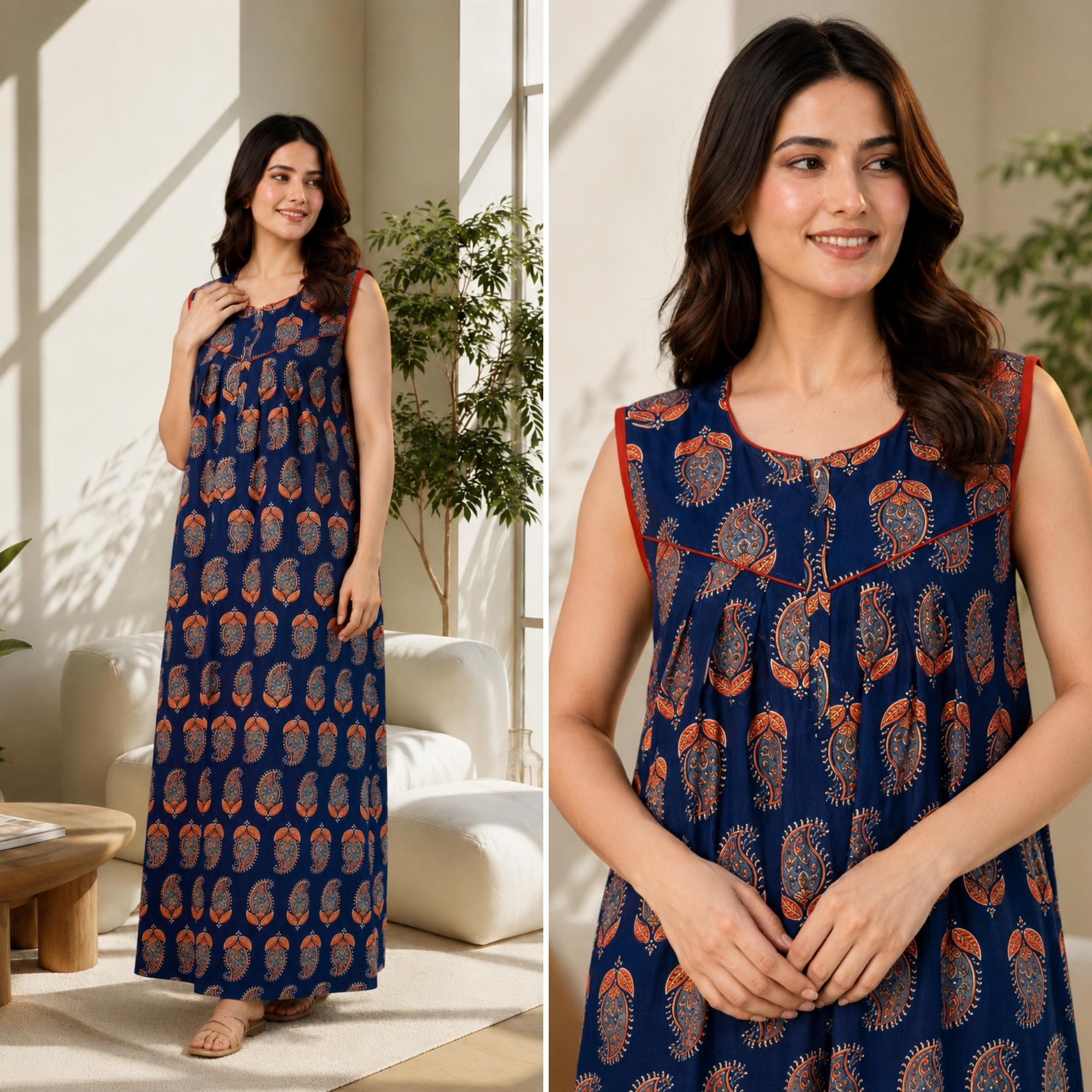 Paisley Blue Sleeveless Cotton Night Gown