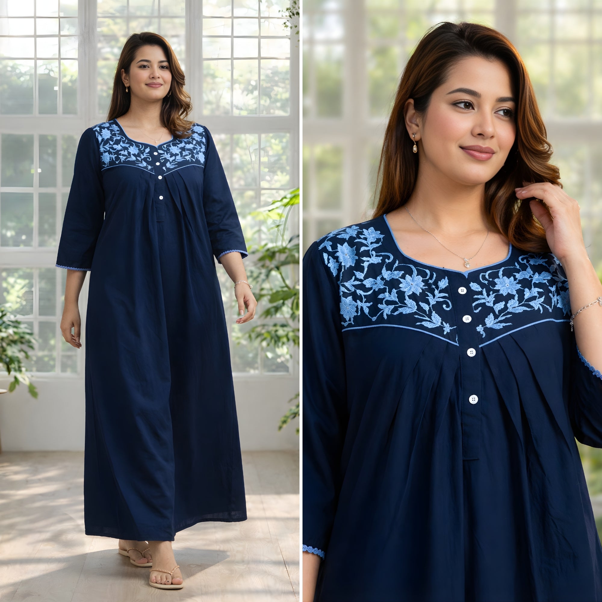 Navy Blue Floral Embroidery Yoke Cotton Night Gown