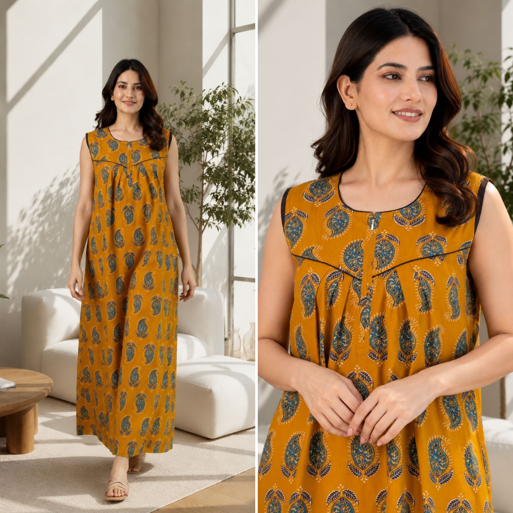 Dream Ease Mustard Sleeveless Cotton Night Gown