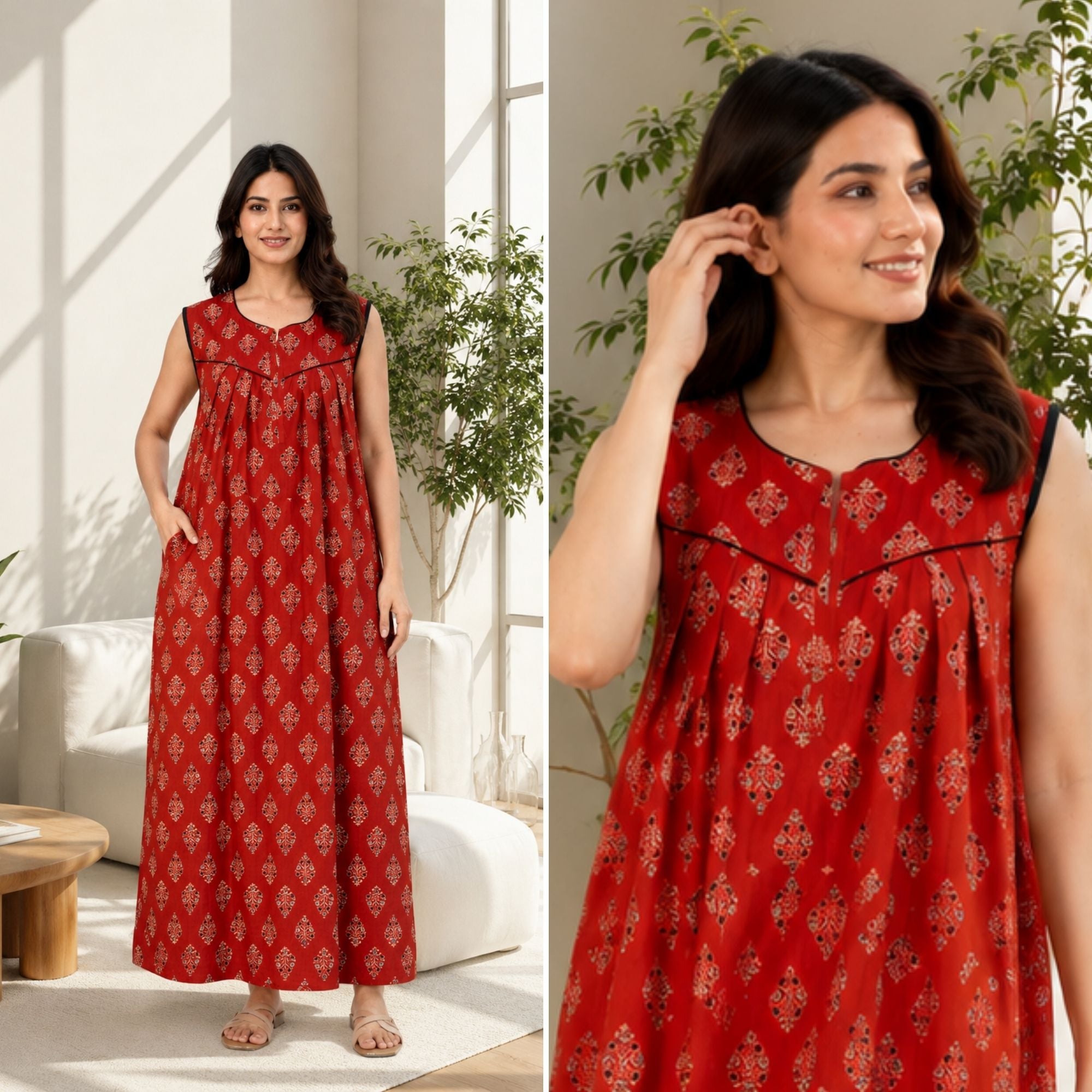 Terracotta Bloom Rust Sleeveless Cotton Night Gown