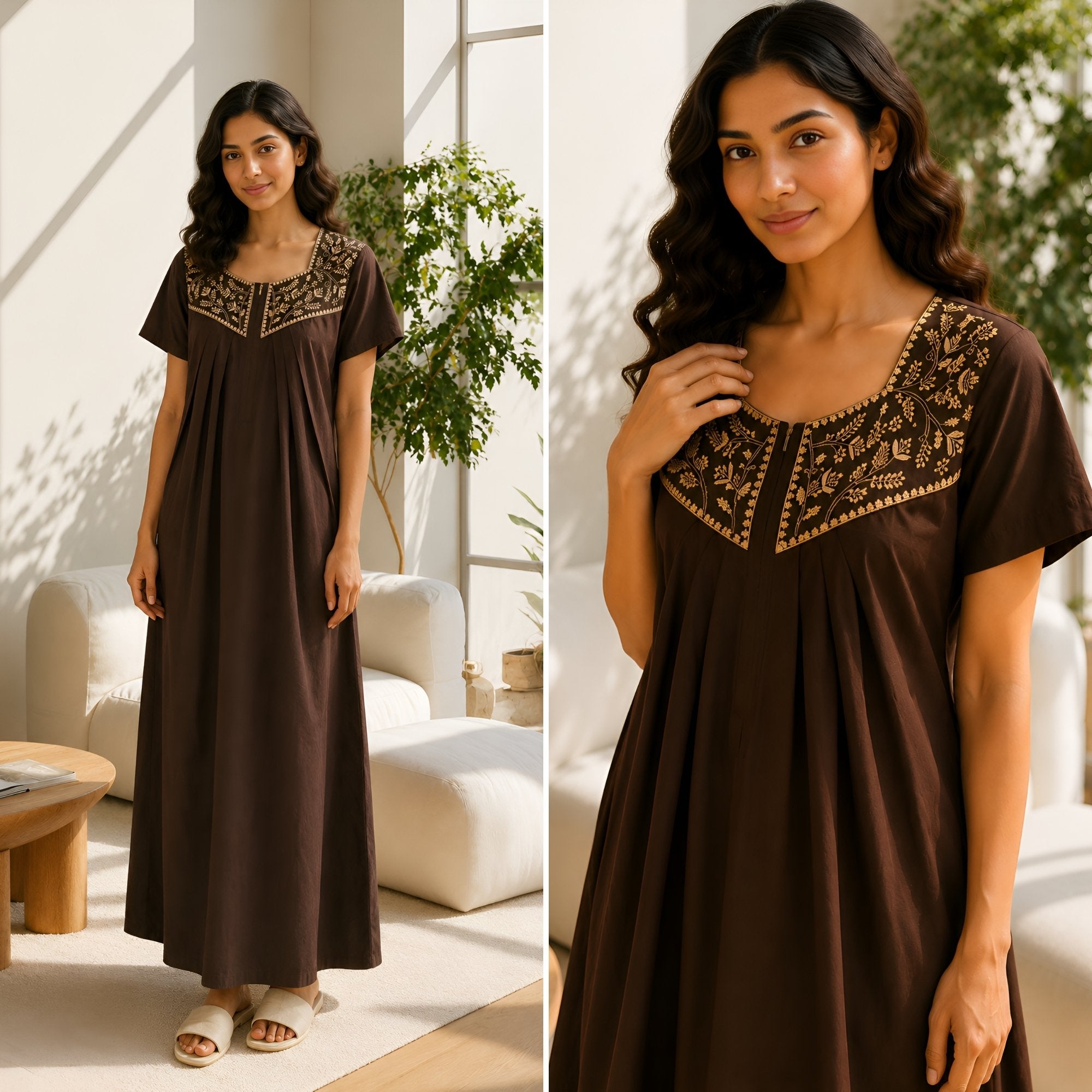 Crimson Bloom Coffee Embroidery Yoke Cotton Night Gown