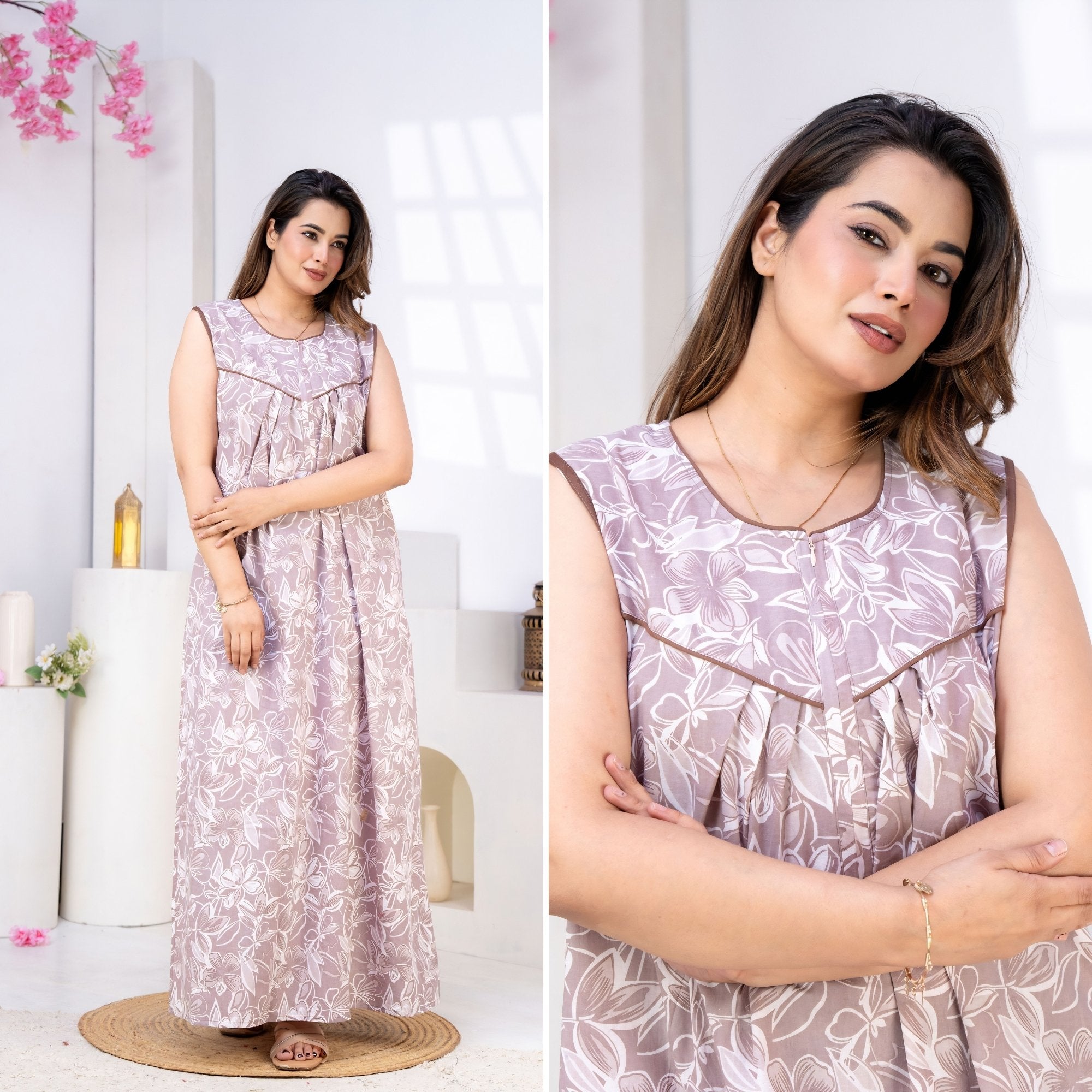 Serene Petals Dusty Rose Sleeveless Cotton Night Gown