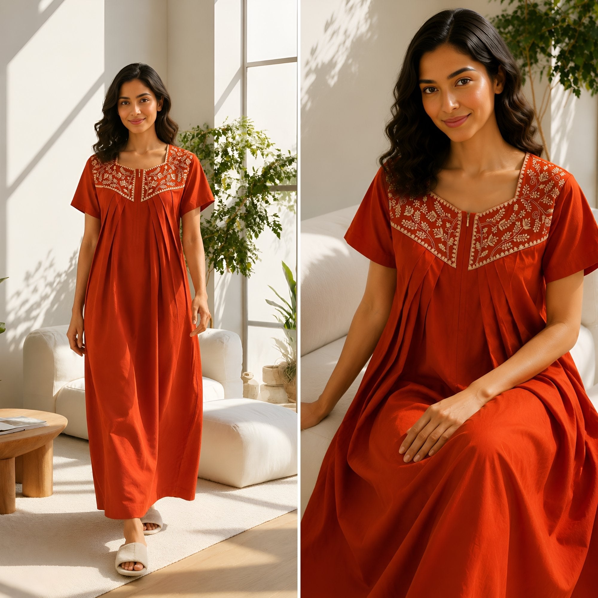 Crimson Bloom Rust Embroidery Yoke Cotton Night Gown