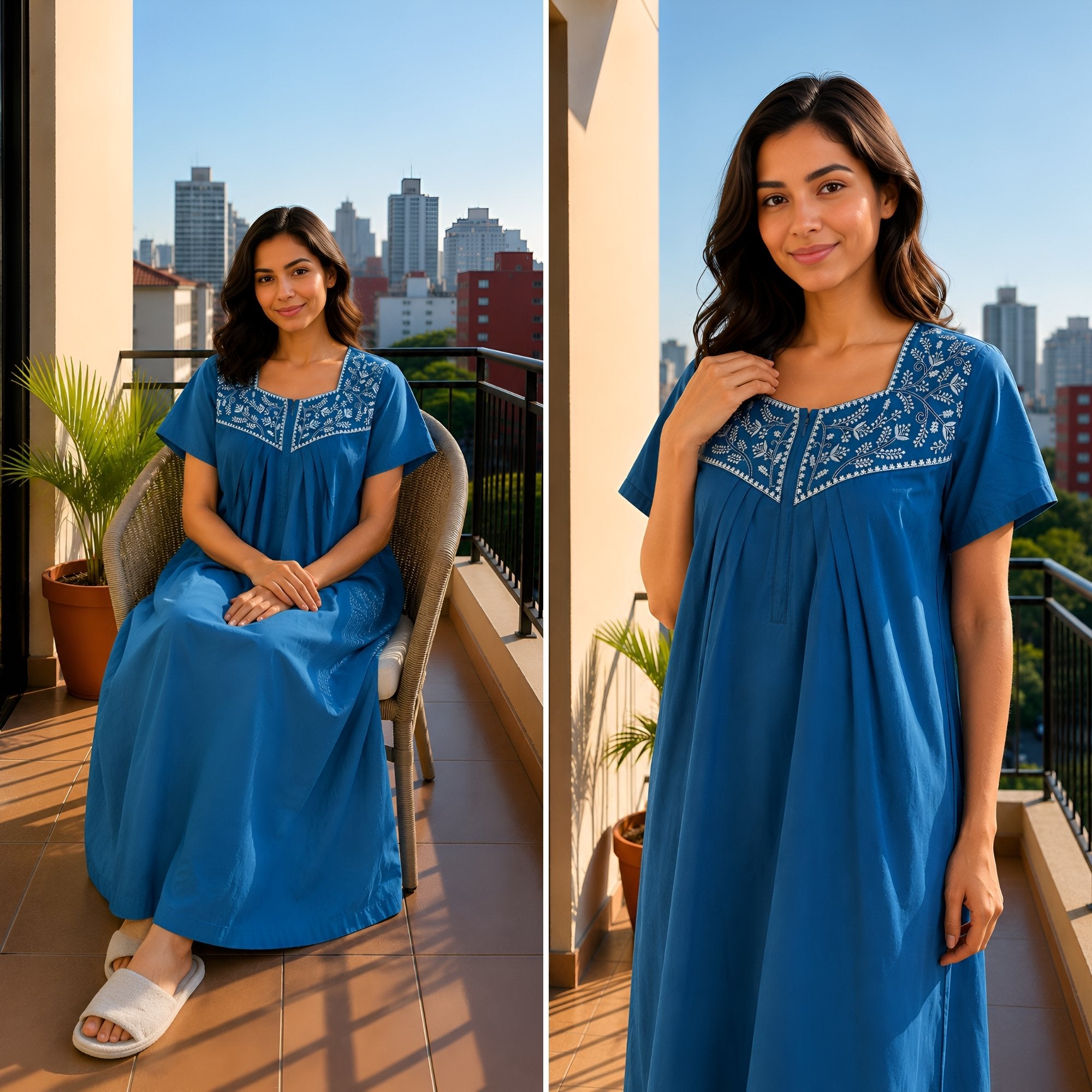 Crimson Bloom Teal Embroidery Yoke Cotton Night Gown