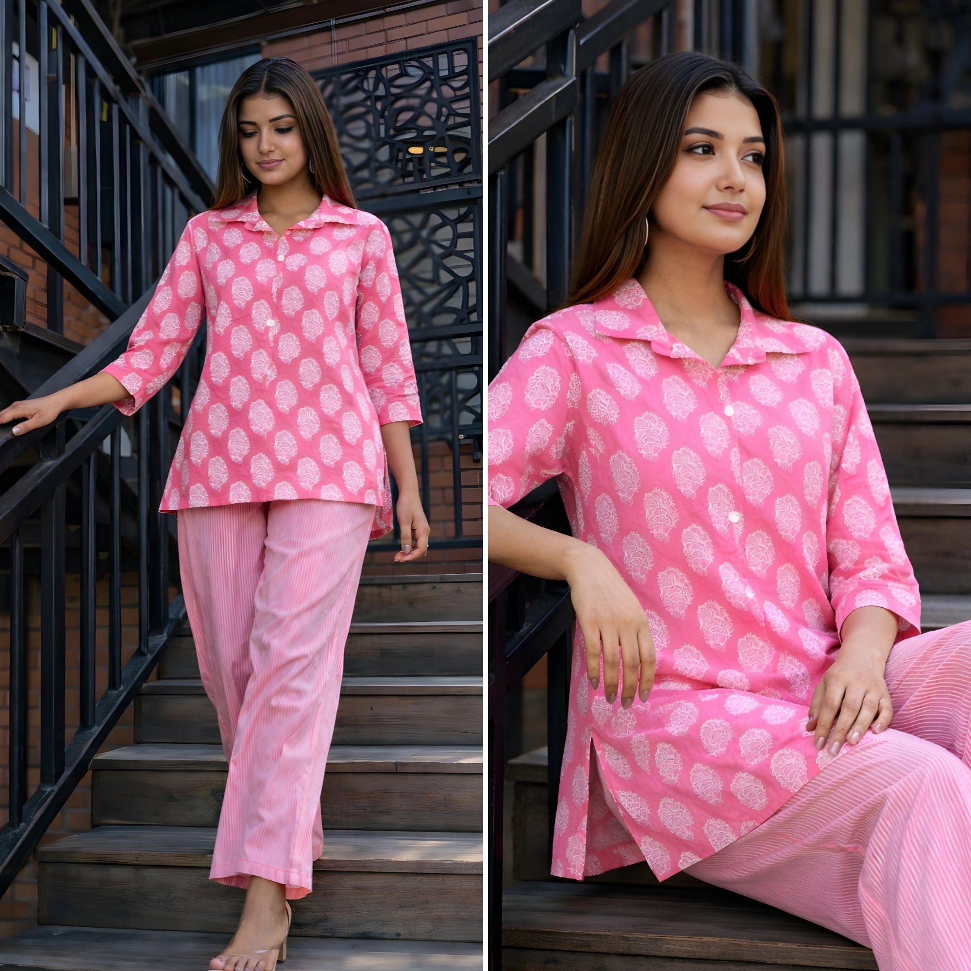 Bell Buta Pink Cotton Loungewear Co-ords Set