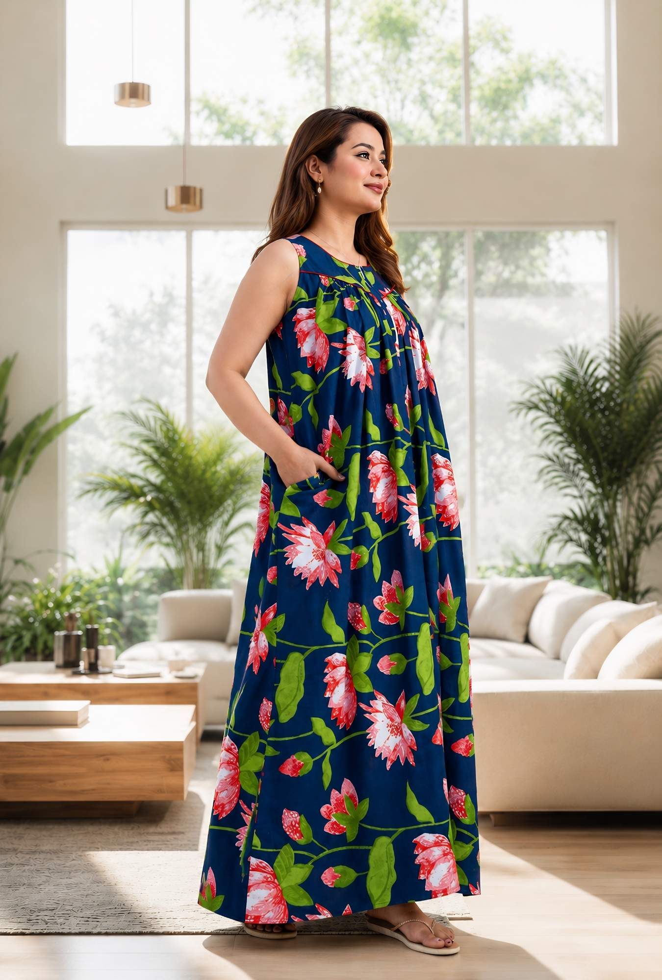 Paradise Petals Blue Sleeveless Cotton Night Gown