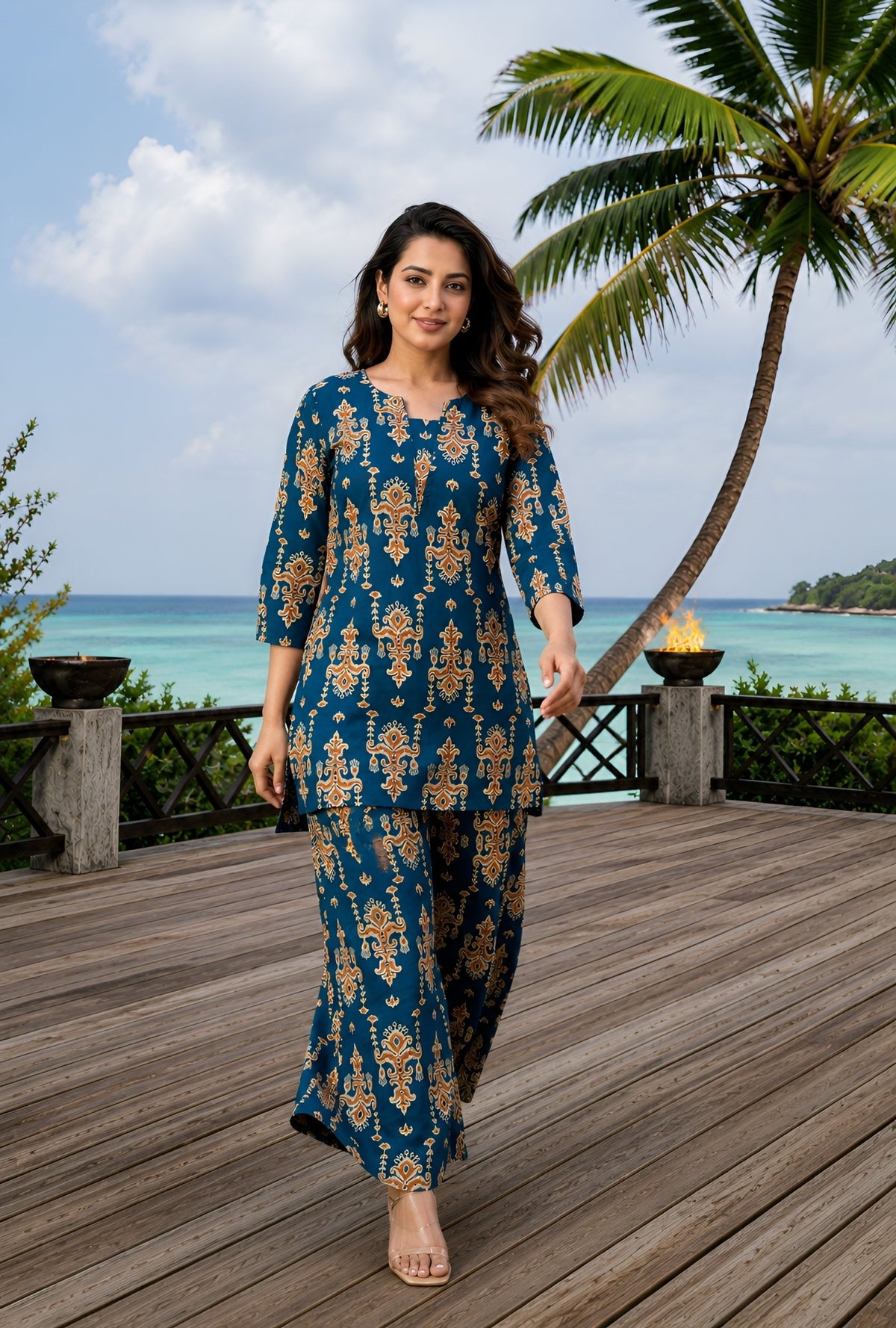 Regal Paisley Teal Blue Printed Cotton Co-ords Set