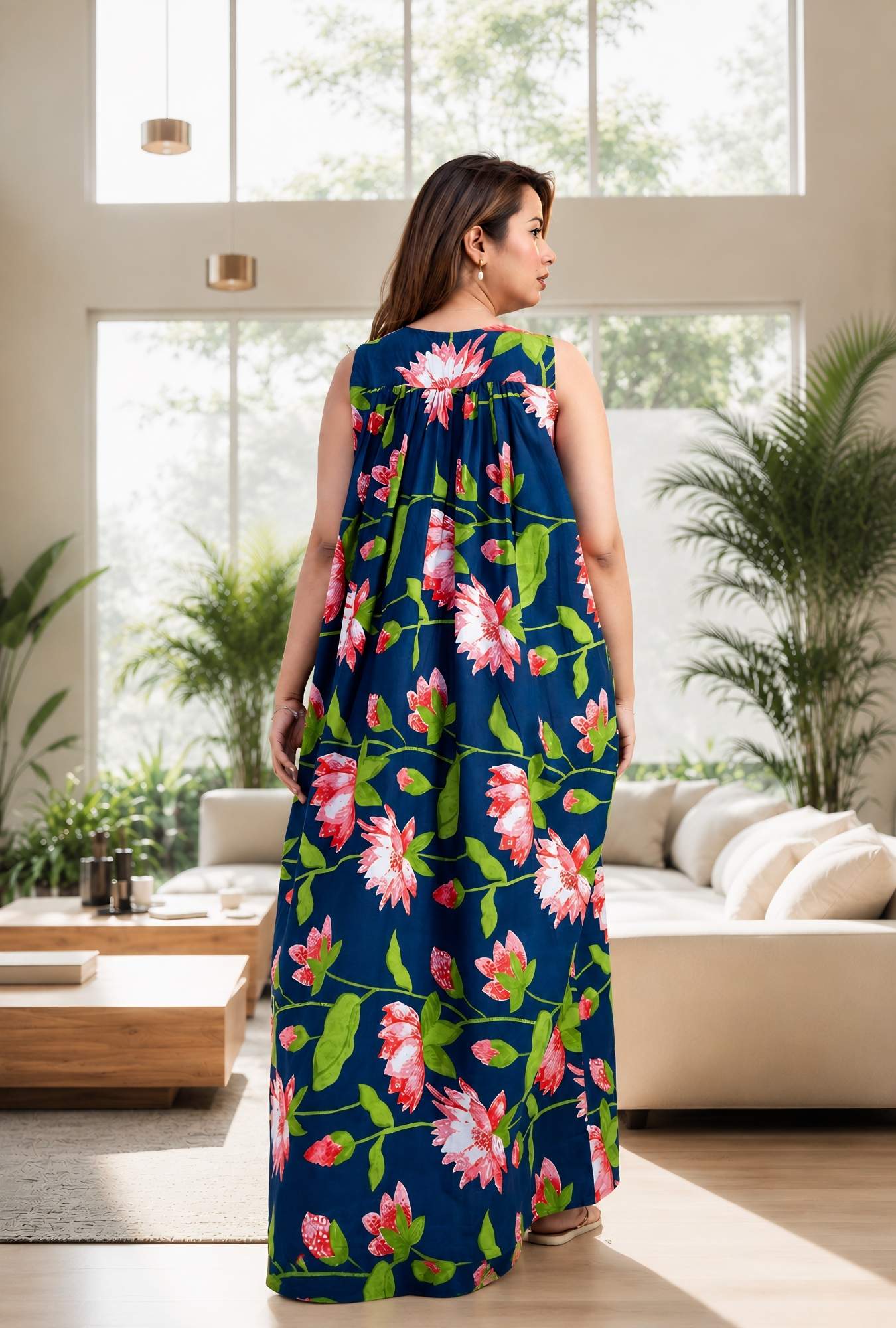 Paradise Petals Blue Sleeveless Cotton Night Gown