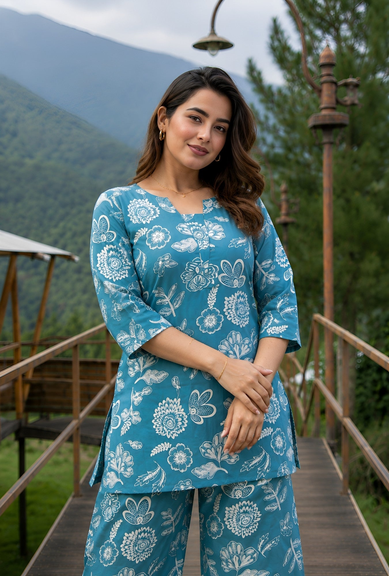 Sea Bloom Aqua Green Printed Cotton Co-ords Set
