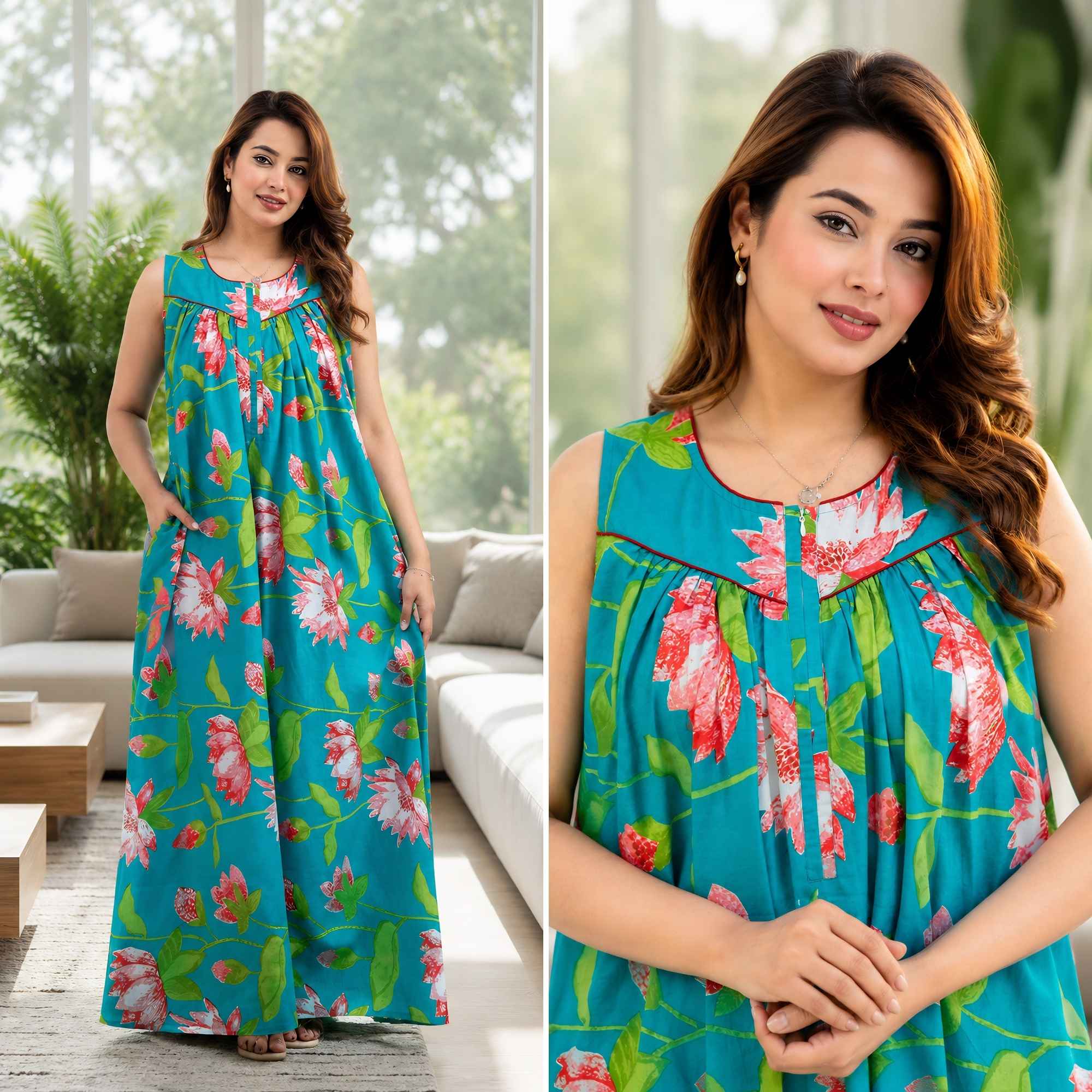 Paradise Petals Turquoise Sleeveless Cotton Night Gown