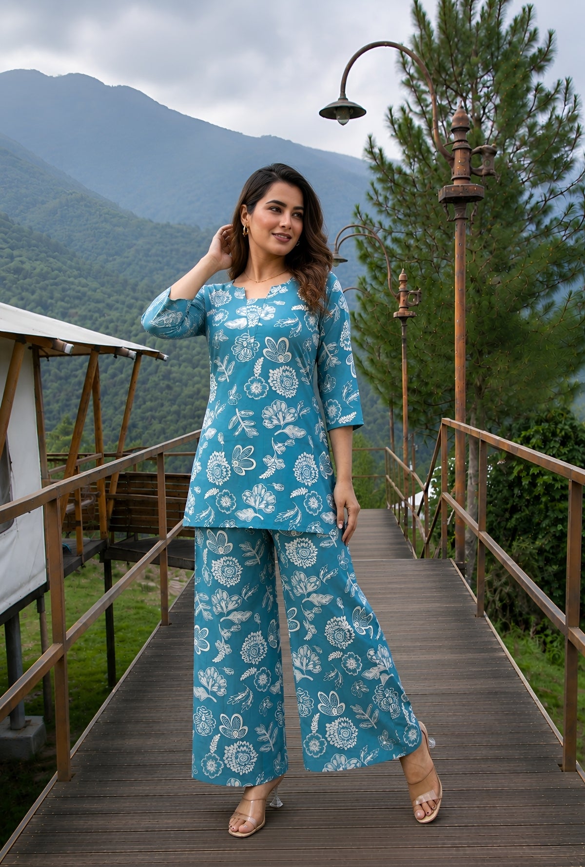 Sea Bloom Aqua Green Printed Cotton Co-ords Set