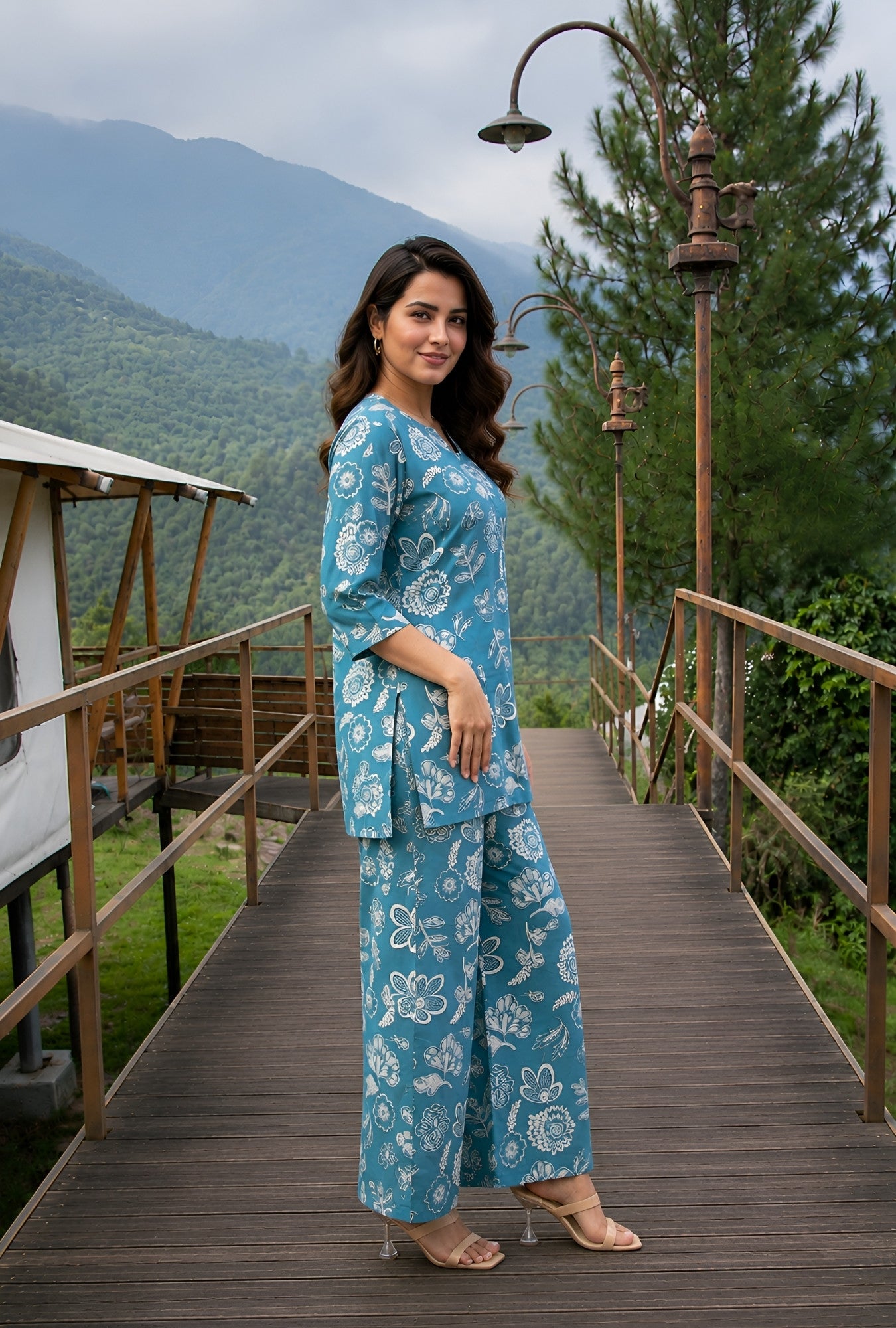 Sea Bloom Aqua Green Printed Cotton Co-ords Set