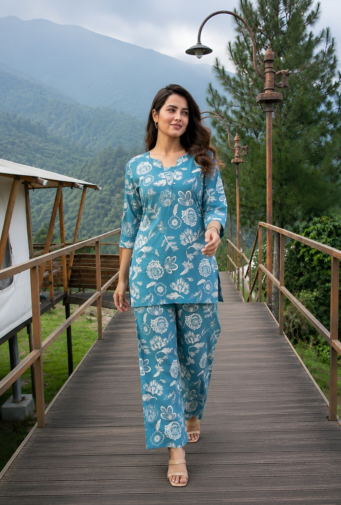 Sea Bloom Aqua Green Printed Cotton Co-ords Set