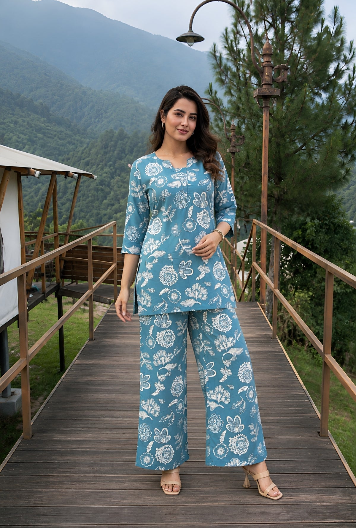Sea Bloom Aqua Green Printed Cotton Co-ords Set