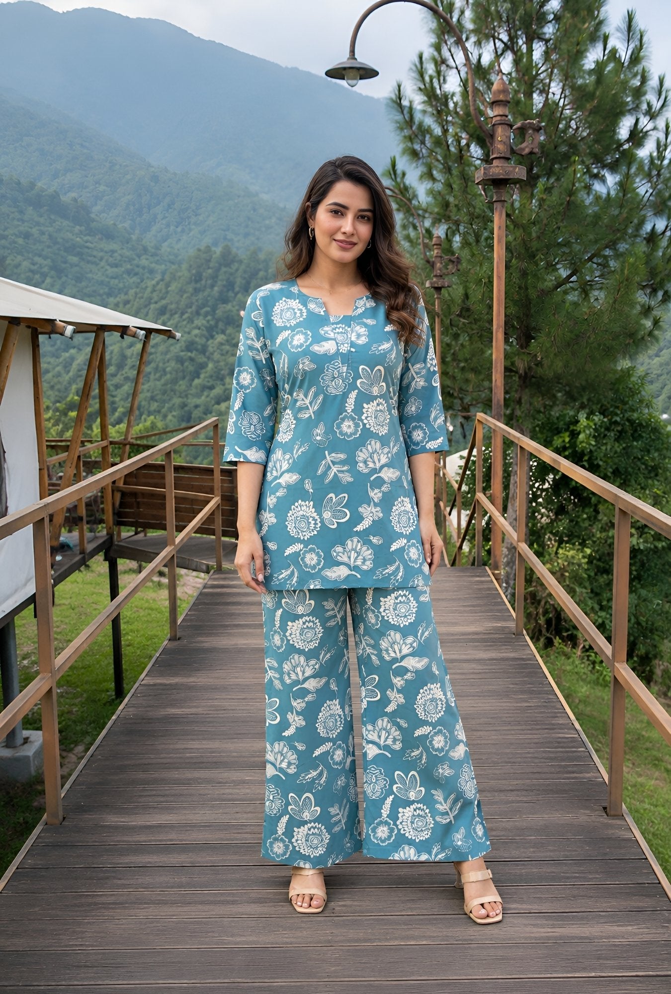 Sea Bloom Aqua Green Printed Cotton Co-ords Set