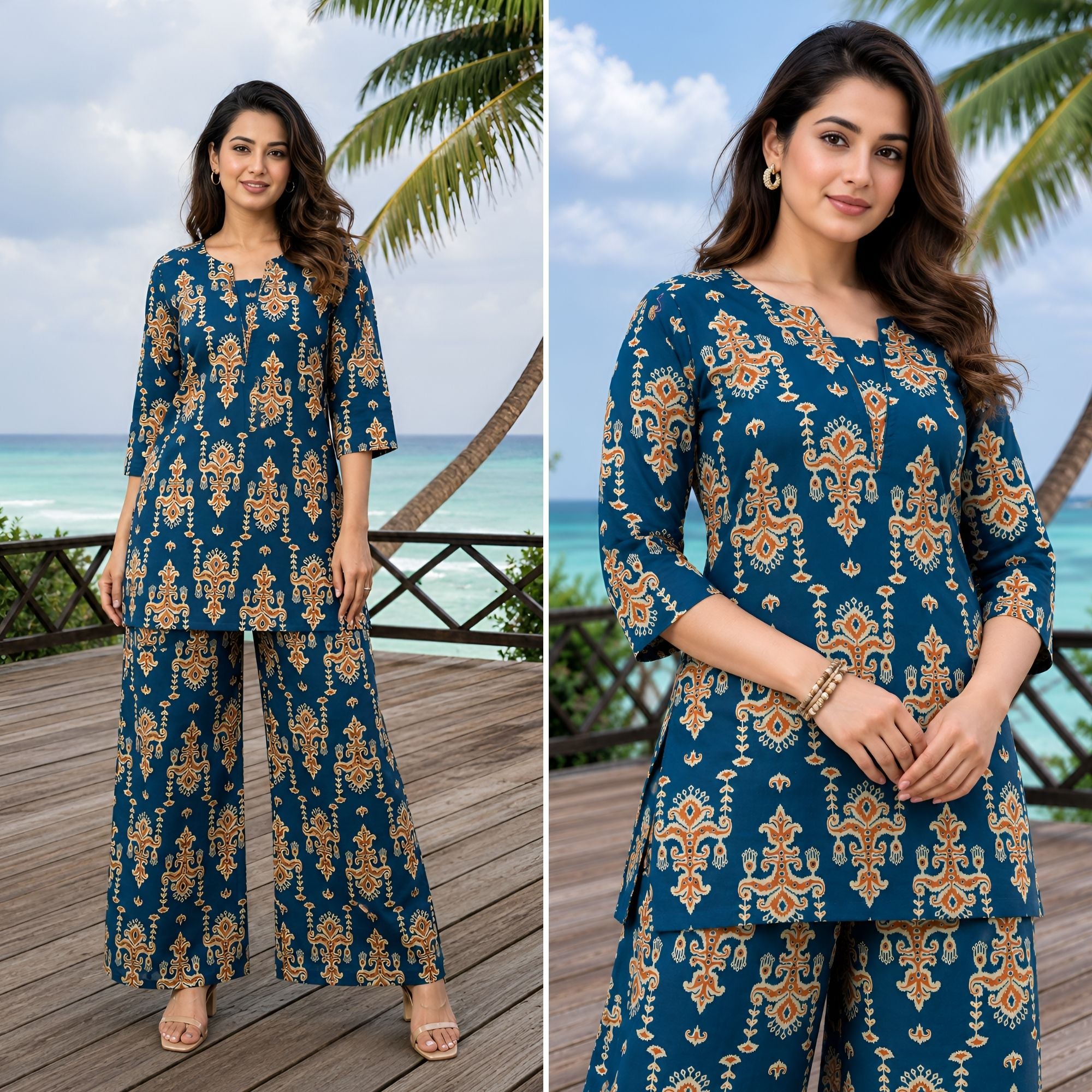 Regal Paisley Teal Blue Printed Cotton Co-ords Set