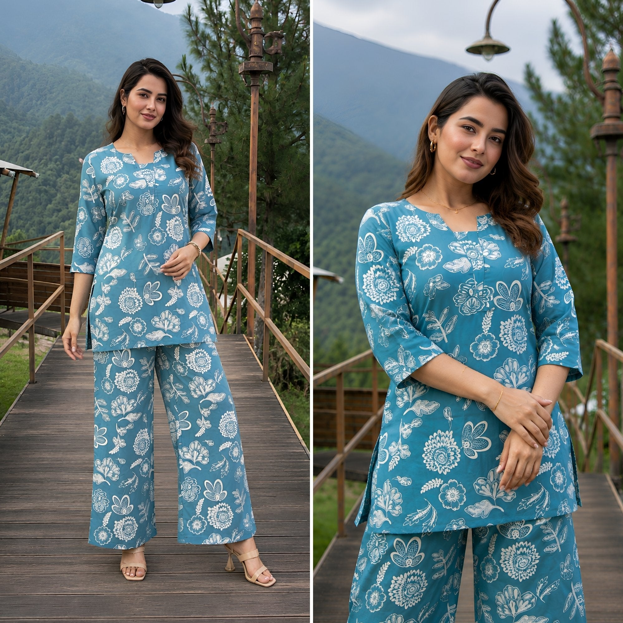 Sea Bloom Aqua Green Printed Cotton Co-ords Set