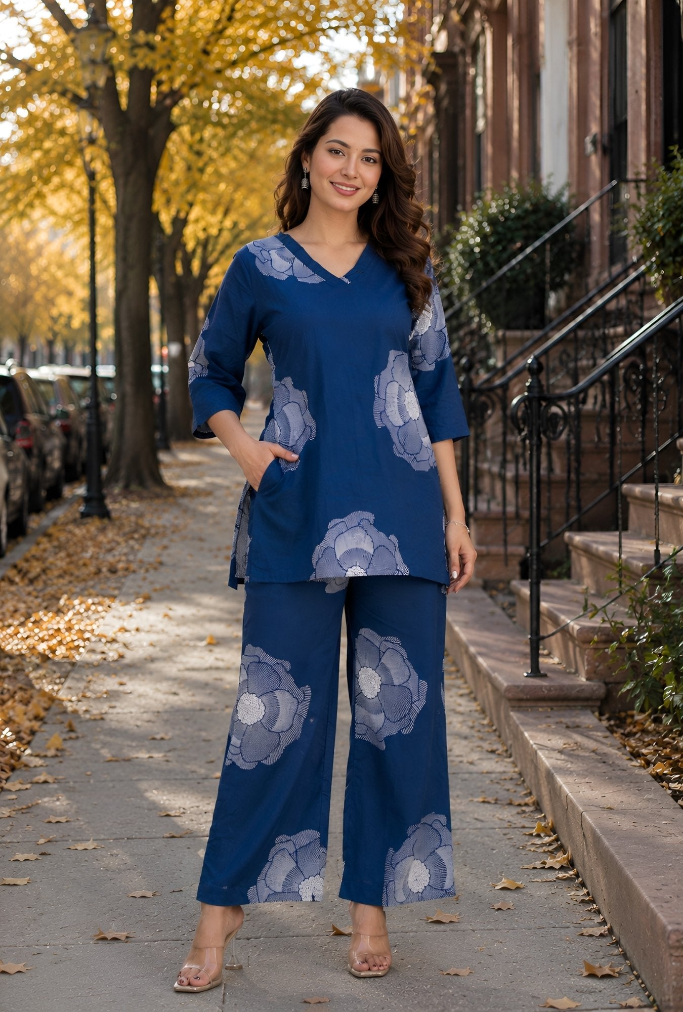 Royal Blossom Blue Cotton Co-ords Set