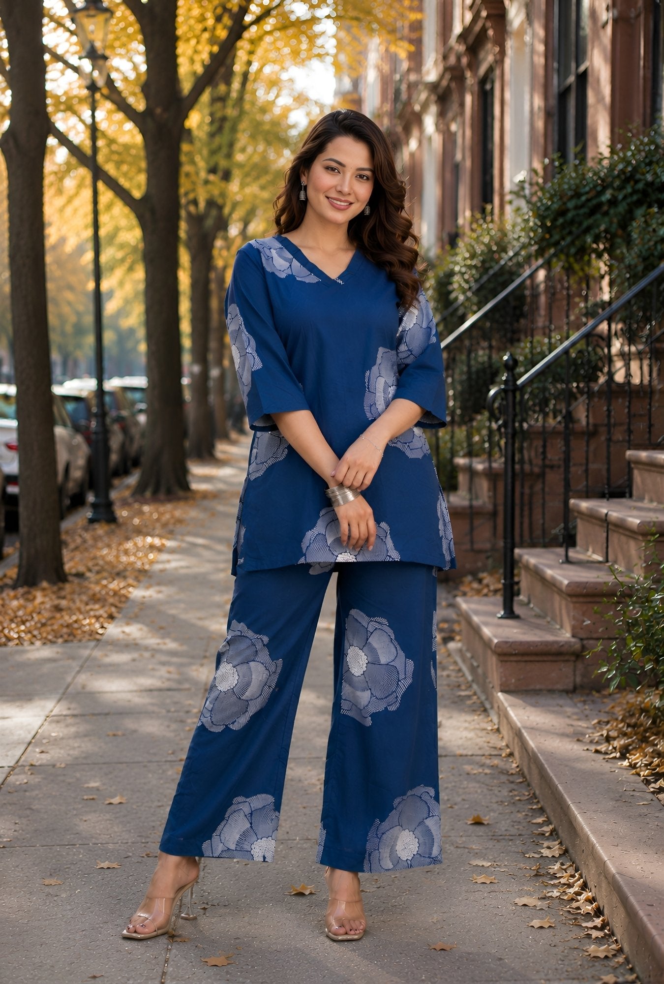 Royal Blossom Blue Cotton Co-ords Set