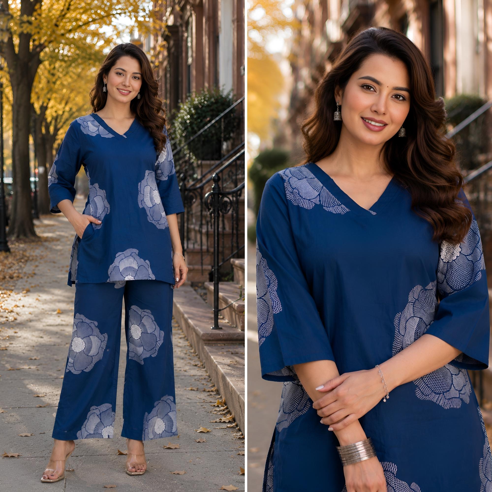 Royal Blossom Blue Cotton Co-ords Set