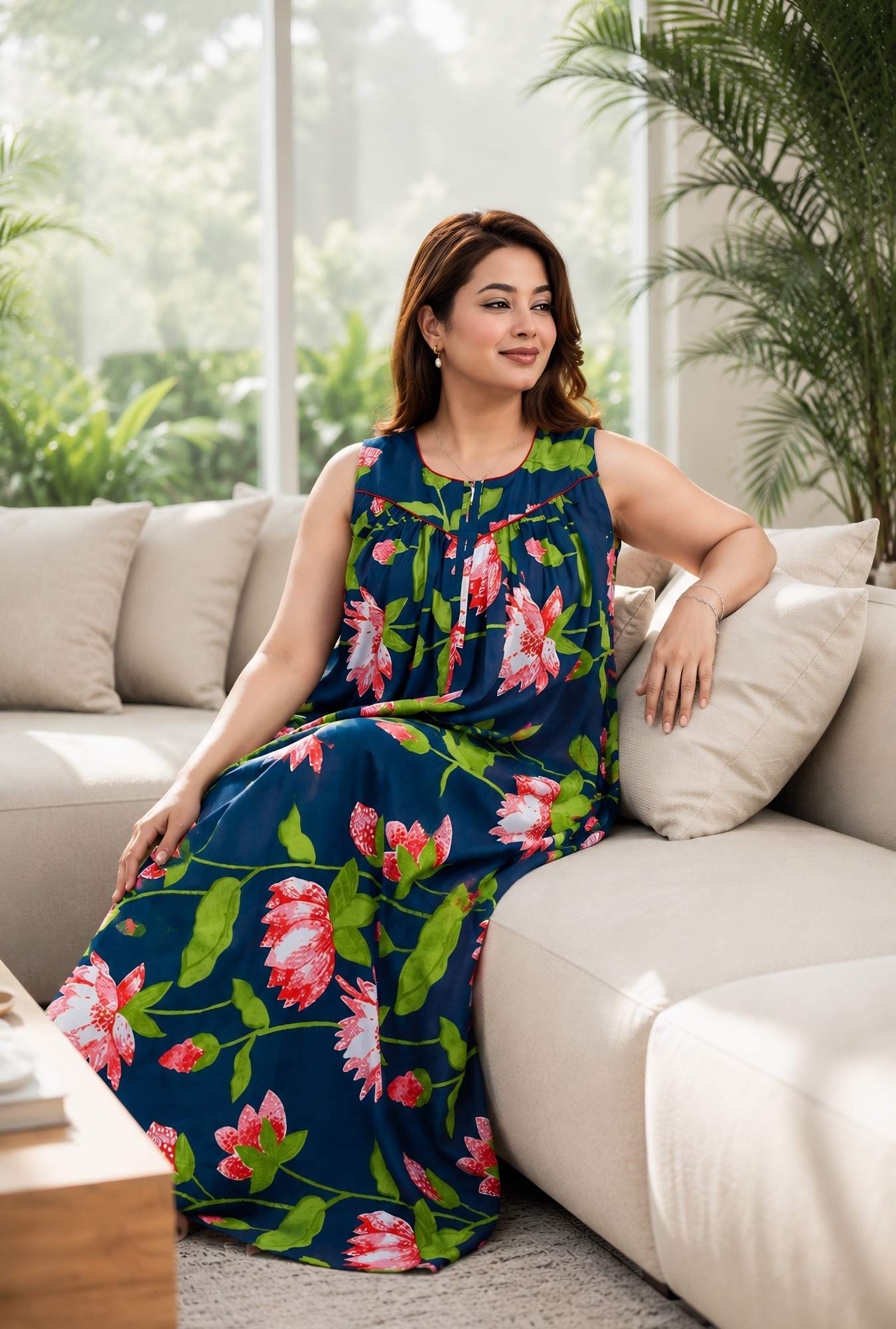 Paradise Petals Blue Sleeveless Cotton Night Gown