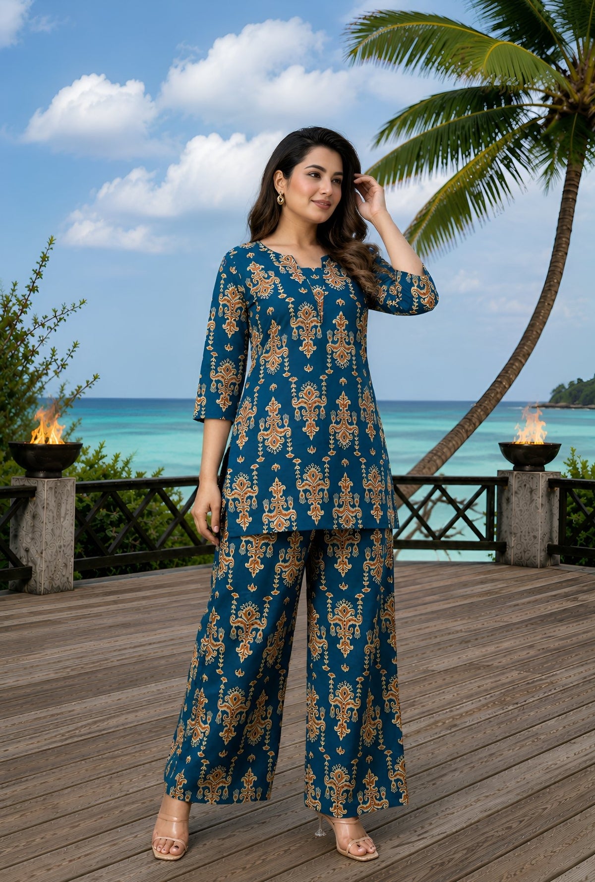 Regal Paisley Teal Blue Printed Cotton Co-ords Set
