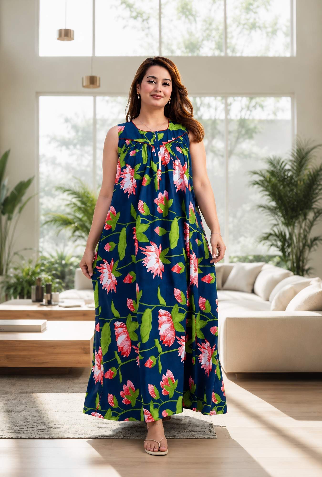 Paradise Petals Blue Sleeveless Cotton Night Gown