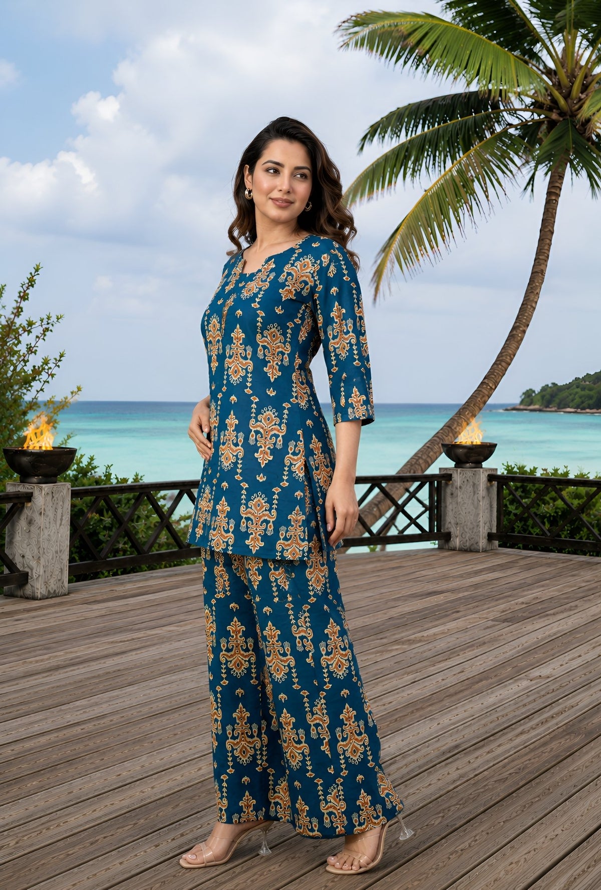 Regal Paisley Teal Blue Printed Cotton Co-ords Set