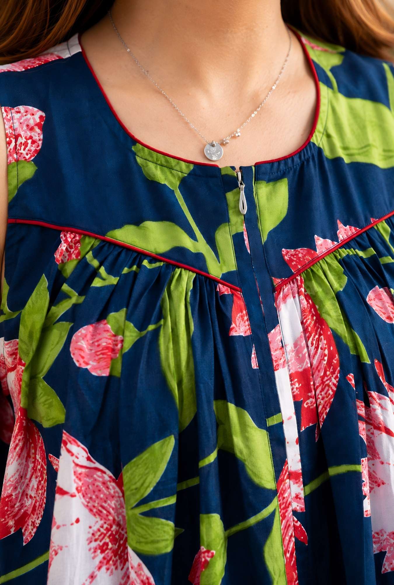 Paradise Petals Blue Sleeveless Cotton Night Gown