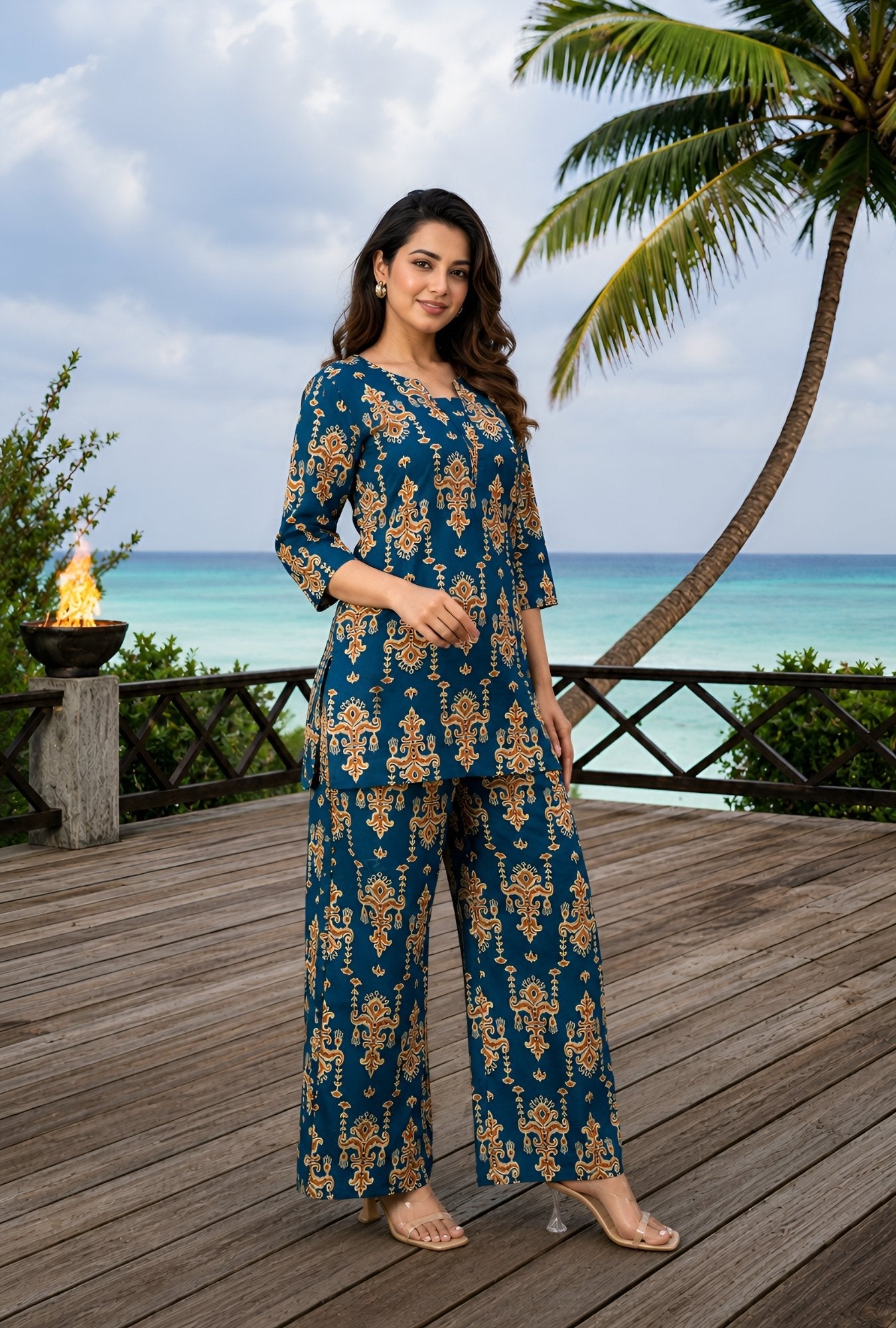 Regal Paisley Teal Blue Printed Cotton Co-ords Set
