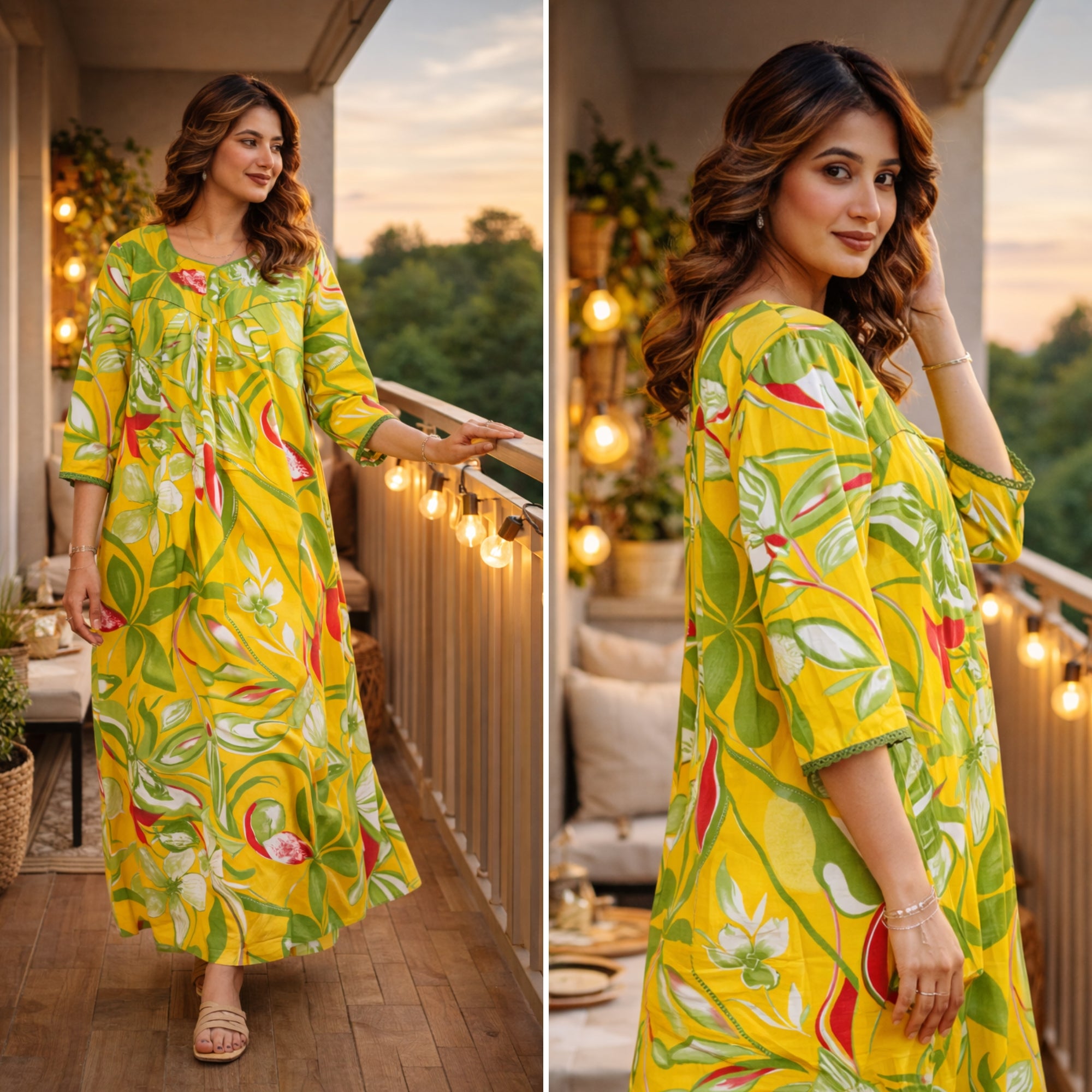 Tropical Breeze Yellow Floral Cotton Night Gown