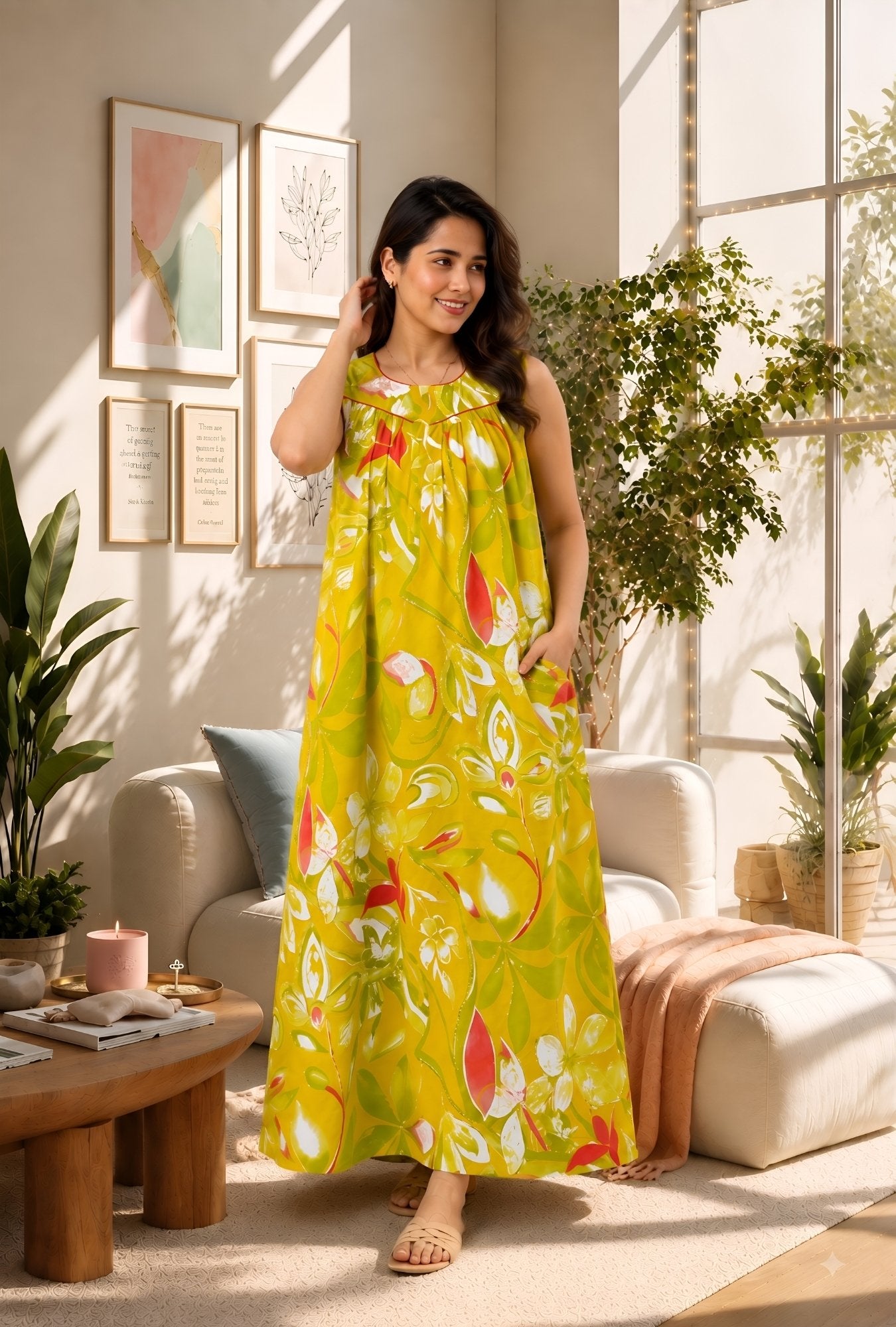 Spring Radiance Yellow Sleeveless Cotton Night Gown
