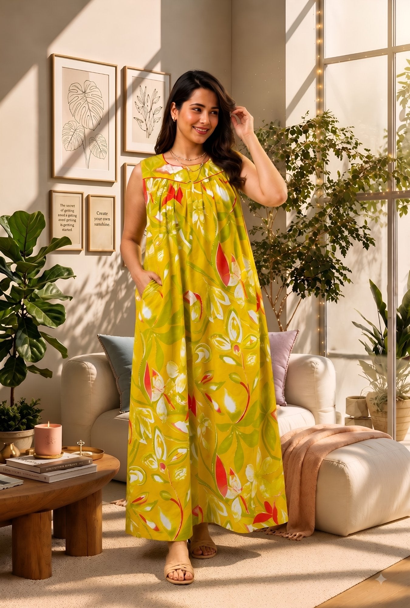Spring Radiance Yellow Sleeveless Cotton Night Gown