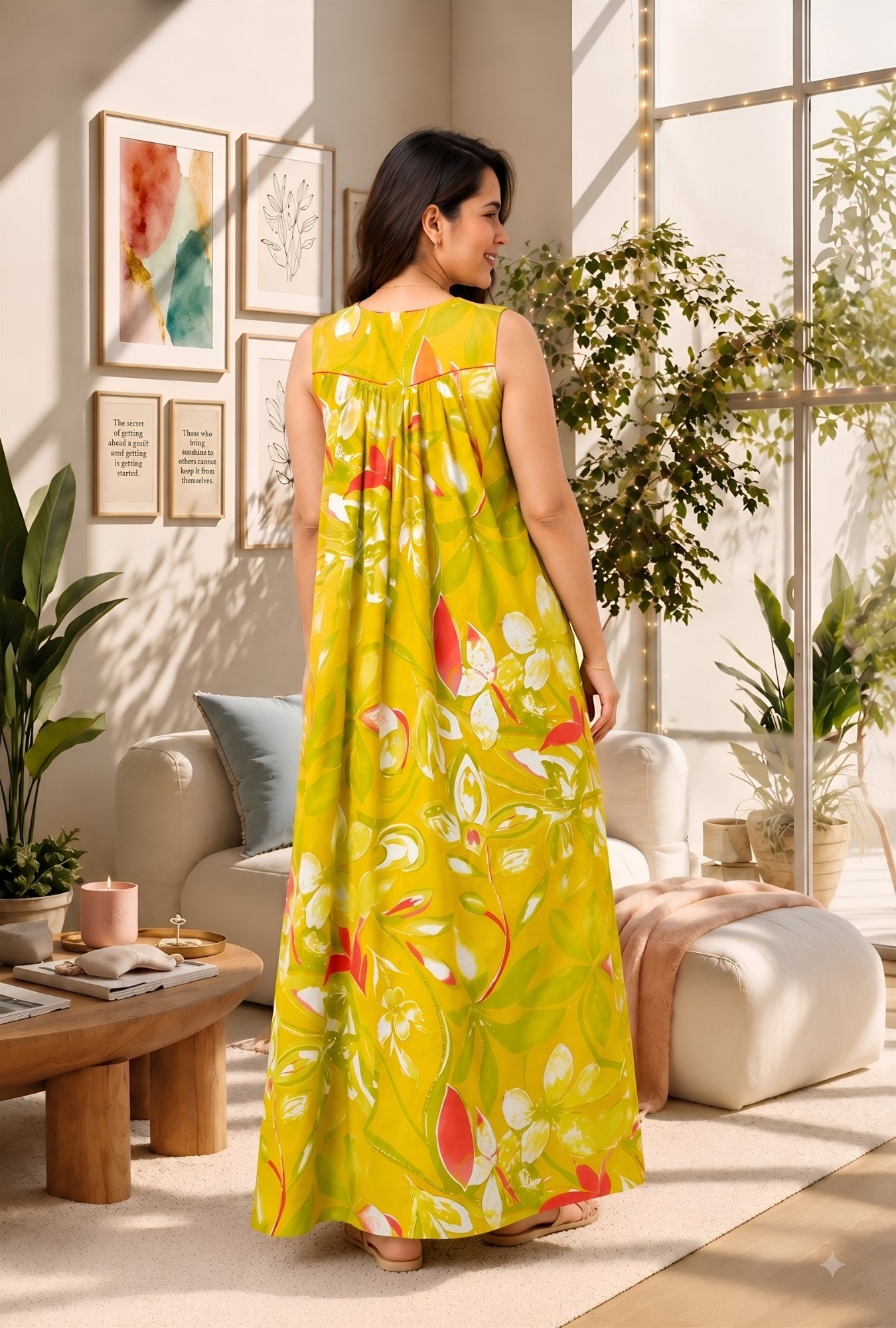 Spring Radiance Yellow Sleeveless Cotton Night Gown