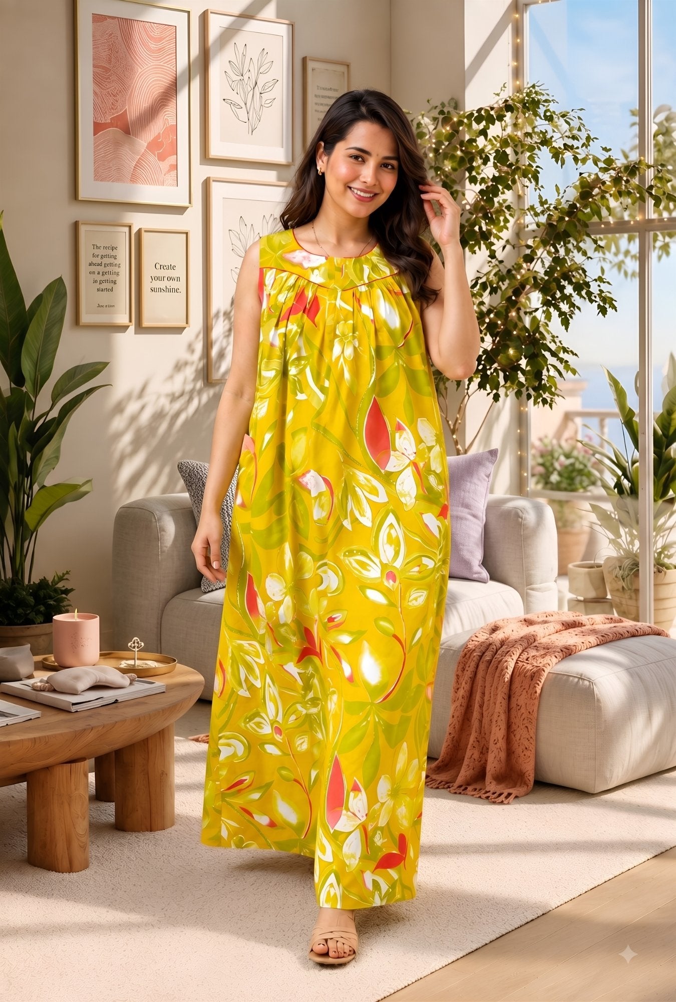 Spring Radiance Yellow Sleeveless Cotton Night Gown