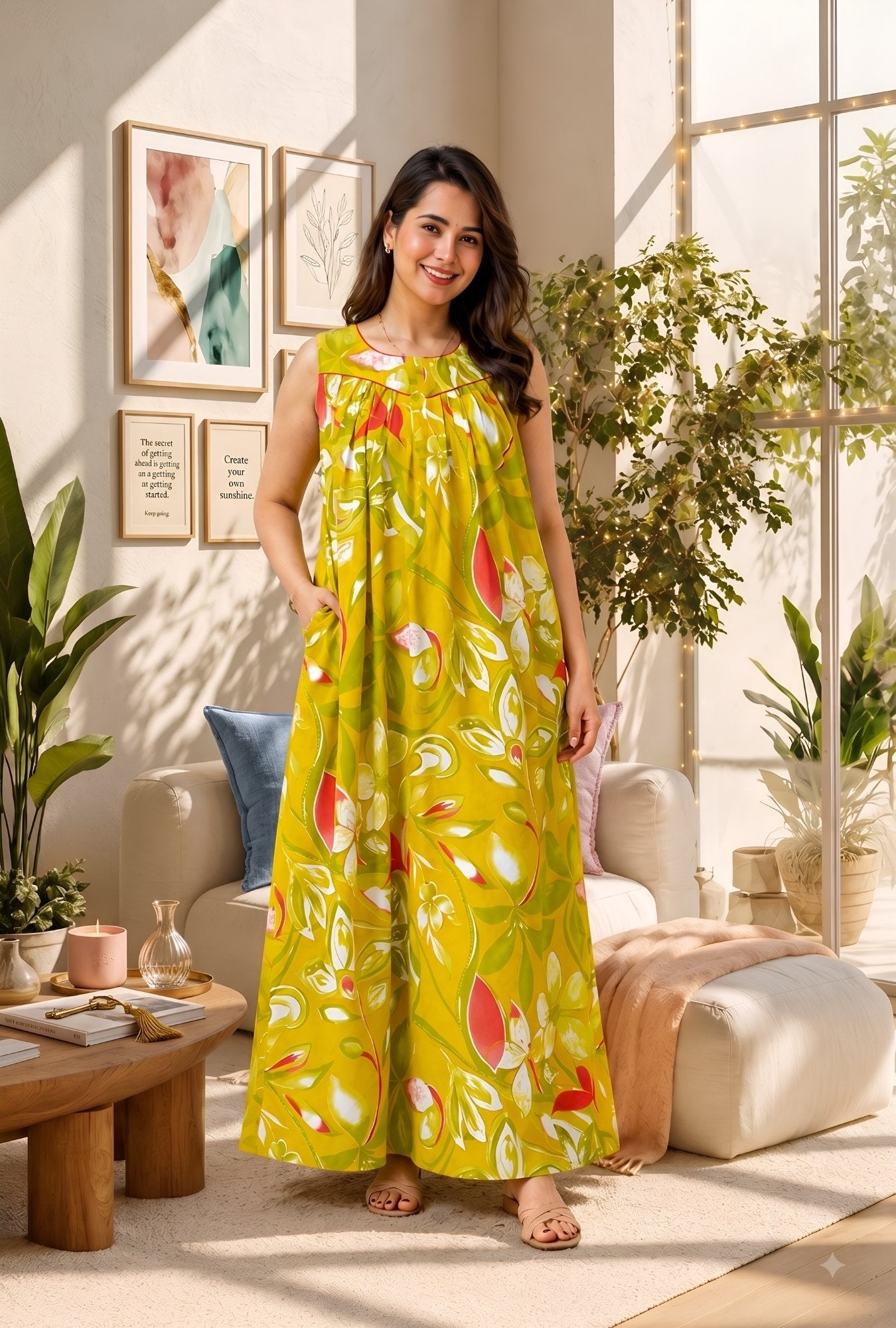 Spring Radiance Yellow Sleeveless Cotton Night Gown
