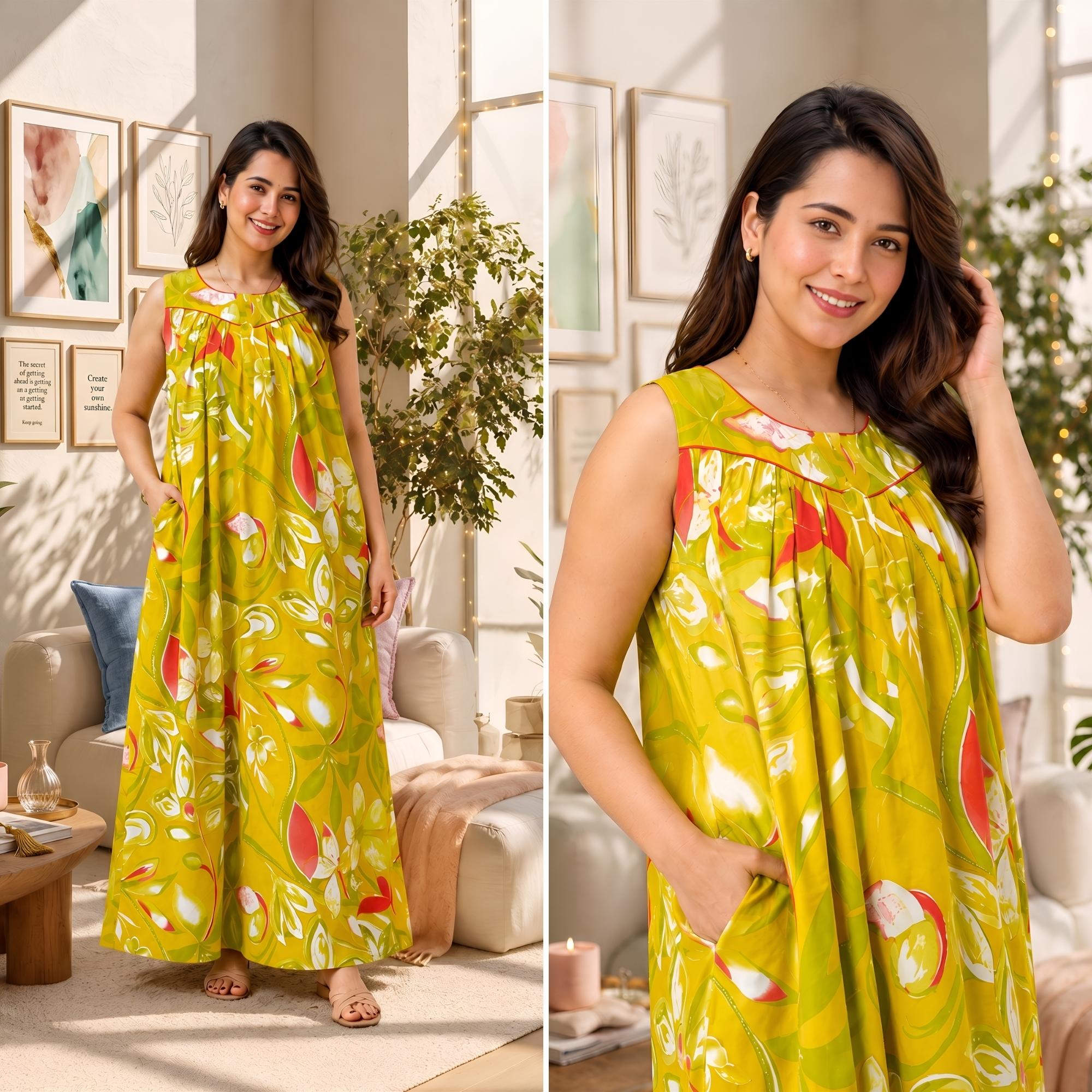 Spring Radiance Yellow Sleeveless Cotton Night Gown