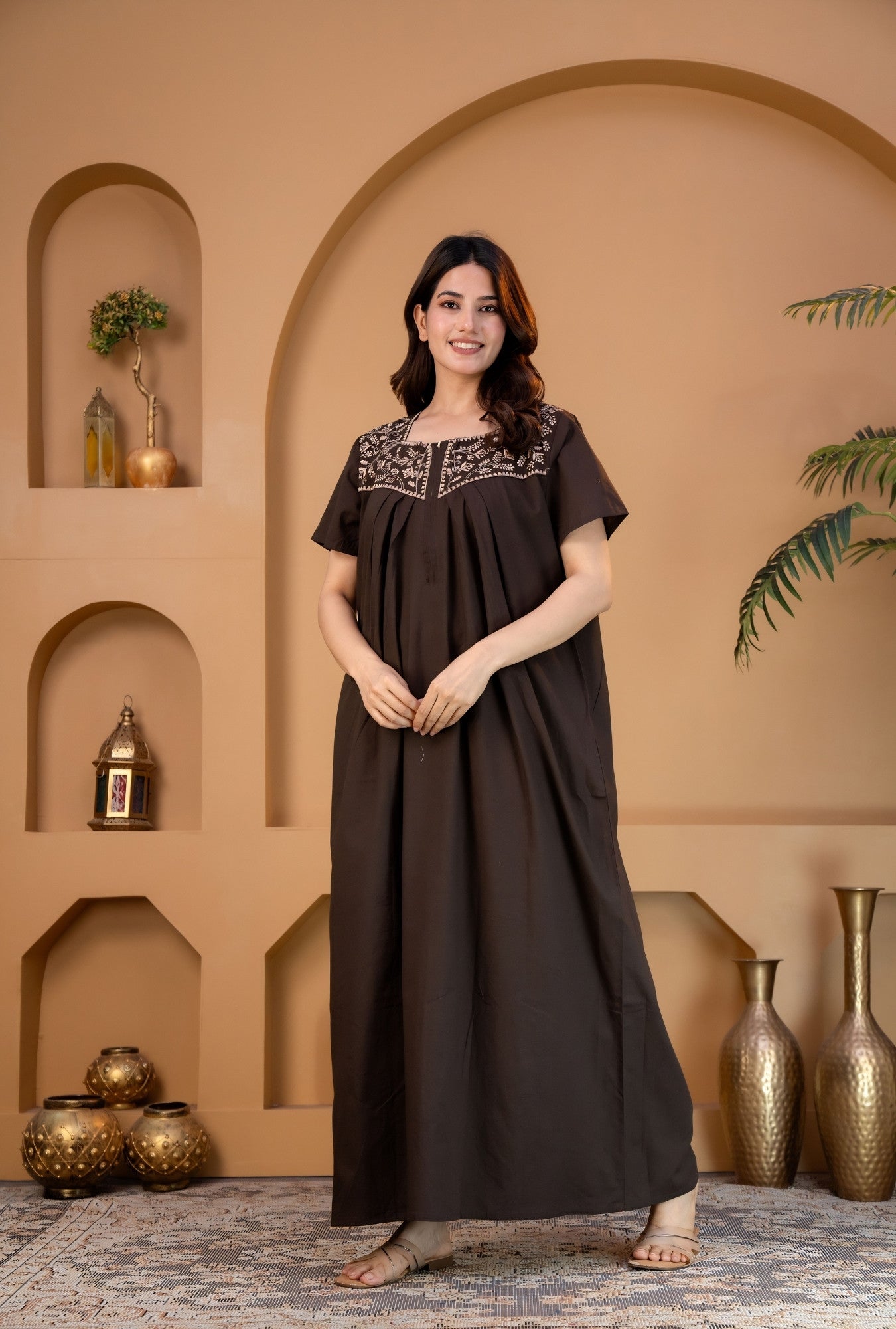 Crimson Bloom Coffee Embroidery Yoke Cotton Night Gown
