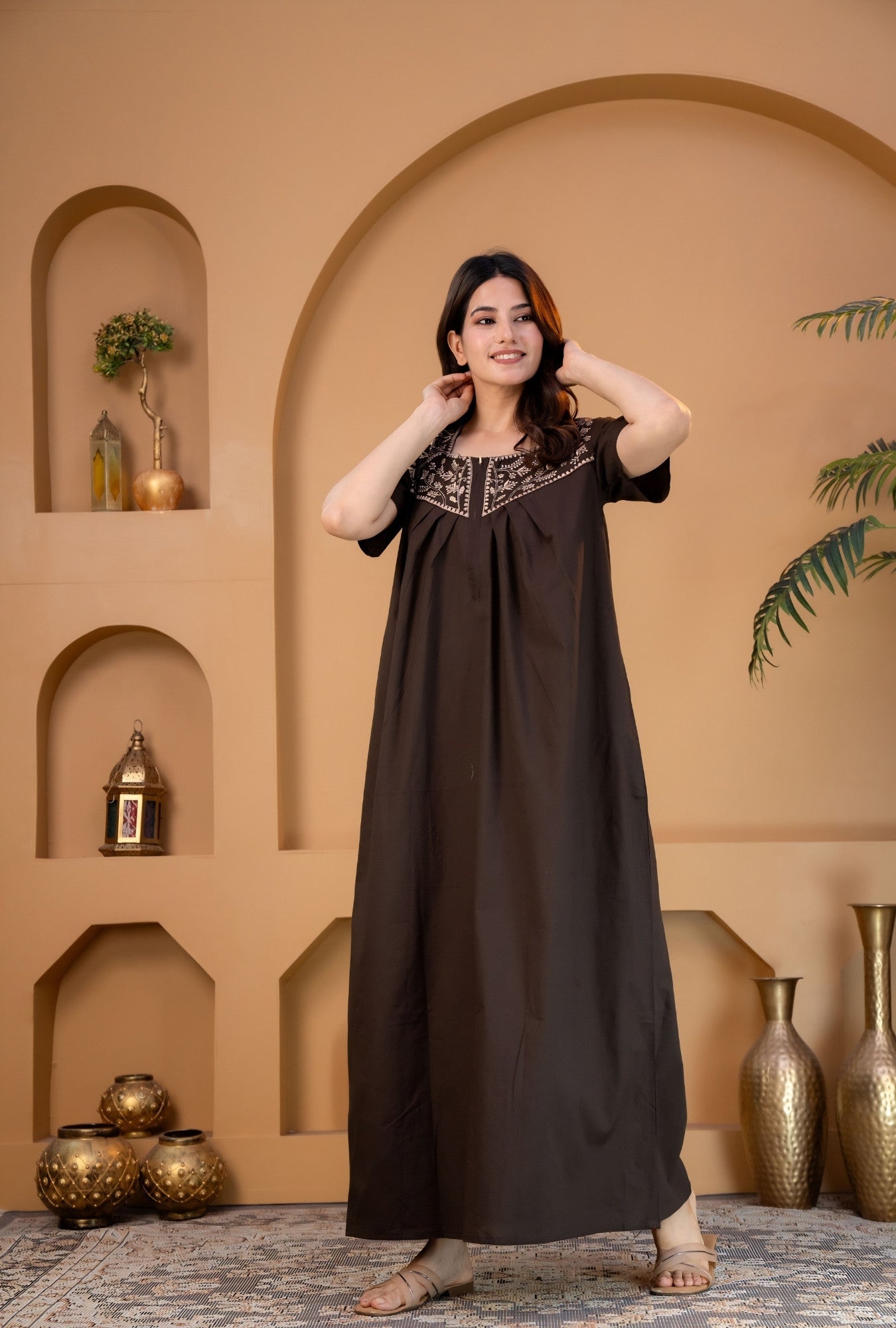 Crimson Bloom Coffee Embroidery Yoke Cotton Night Gown