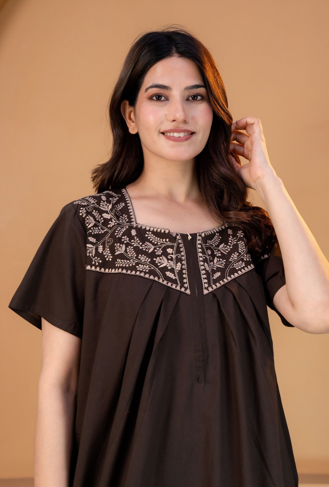 Crimson Bloom Coffee Embroidery Yoke Cotton Night Gown
