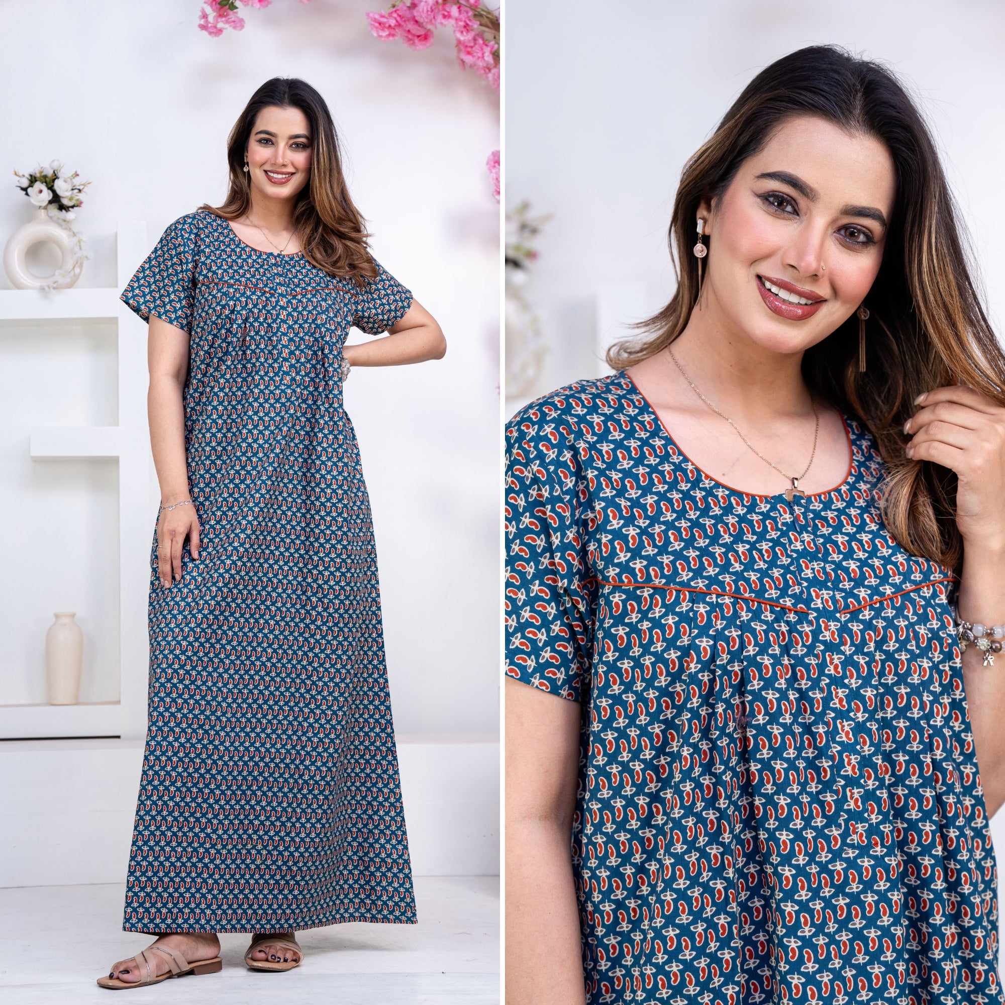 Mango Buti Teal Cotton Printed Nightwear Gowns