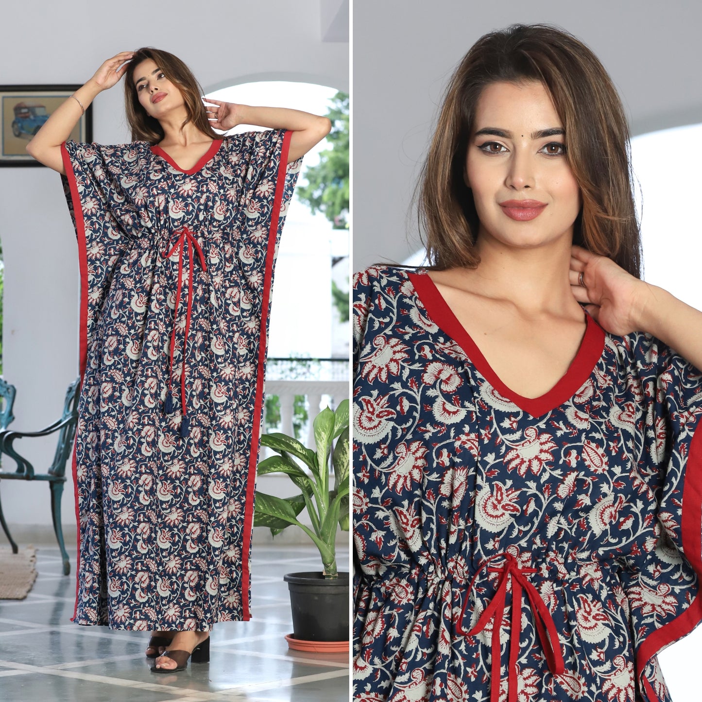 Kalamkari Blue Printed Cotton Loungewear Kaftan