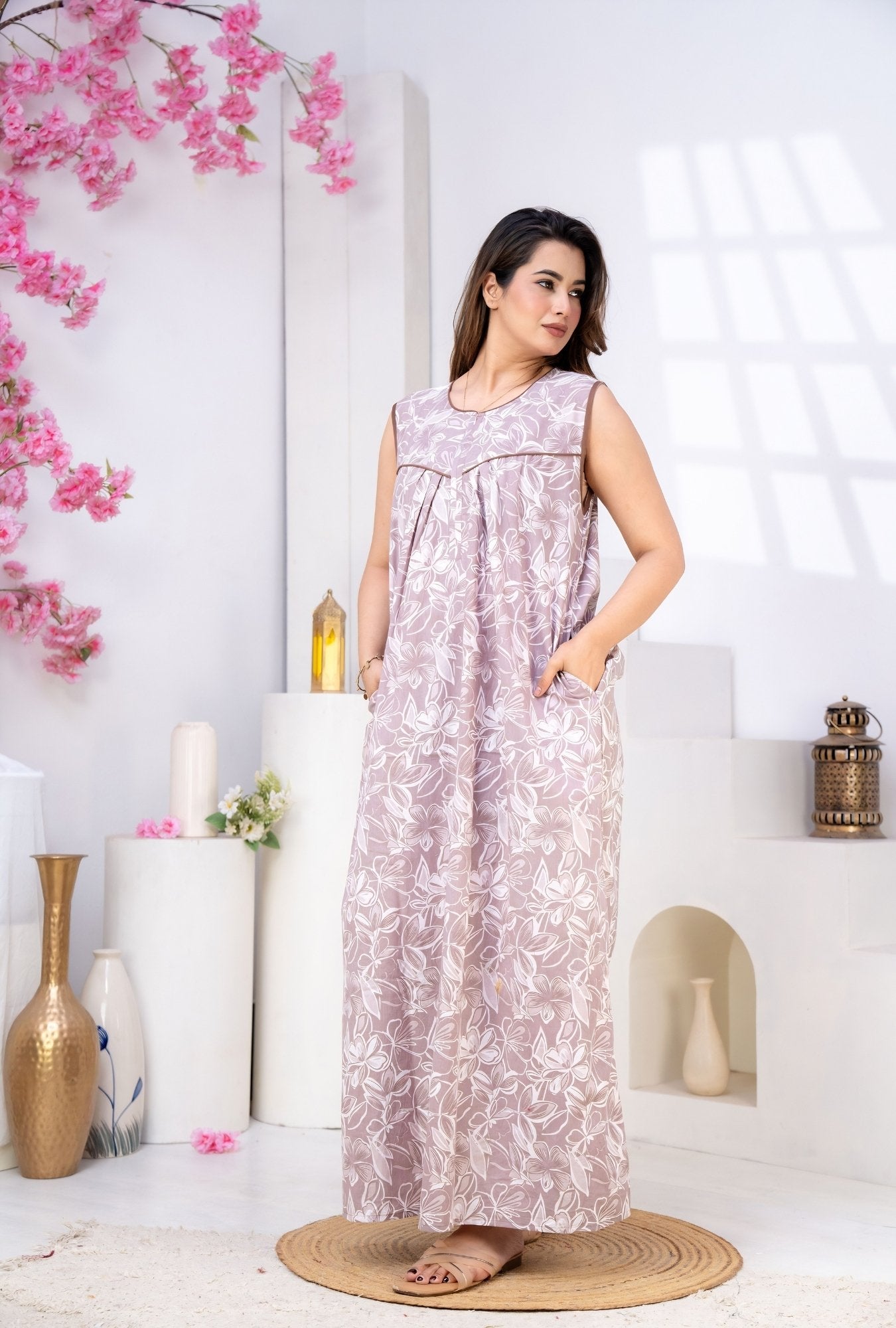 Serene Petals Dusty Rose Sleeveless Cotton Night Gown