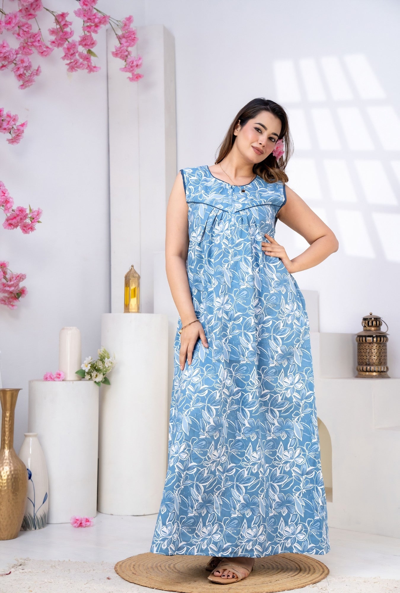 Serene Petals Sky Blue Sleeveless Cotton Night Gown