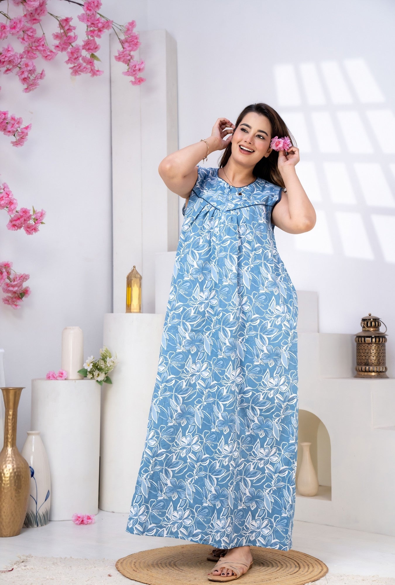 Serene Petals Sky Blue Sleeveless Cotton Night Gown